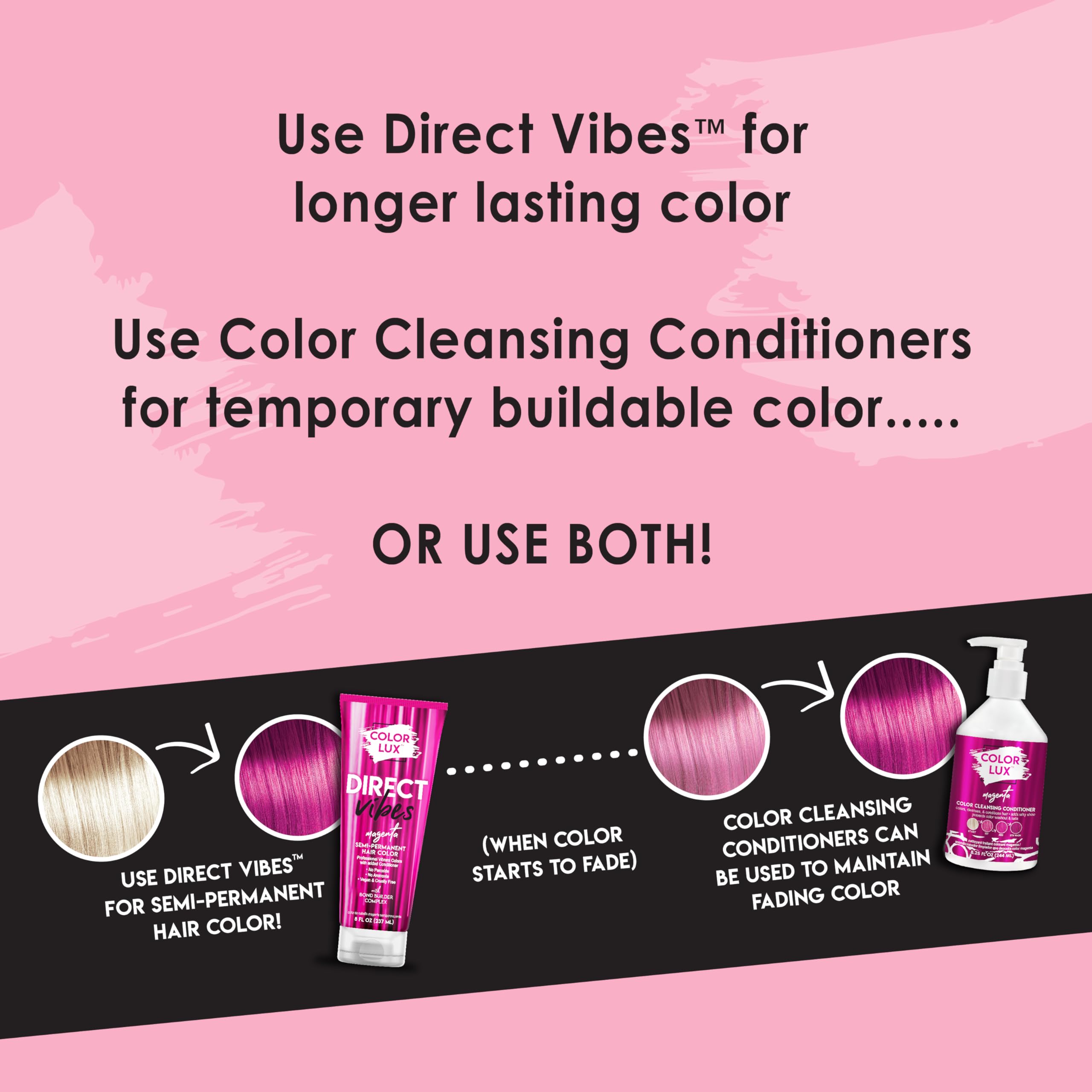 Color Lux Direct Vibes magenta packaging signals clean formulas and cruelty-free credentials.