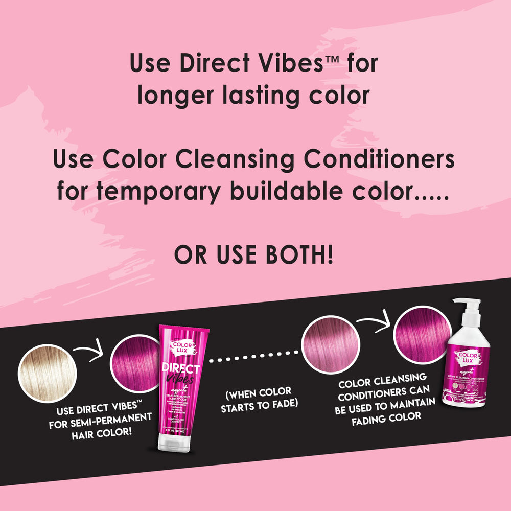Color Lux Direct Vibes magenta packaging signals clean formulas and cruelty-free credentials.