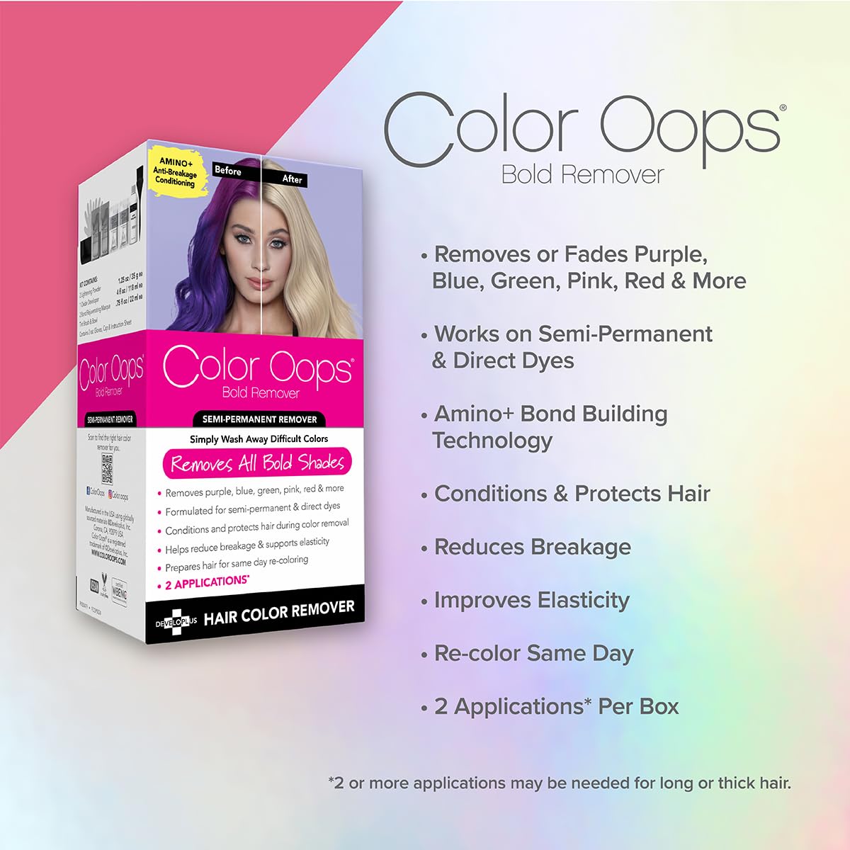 Color Oops Bold Remover two applications included for ultra-stubborn color or long hair.