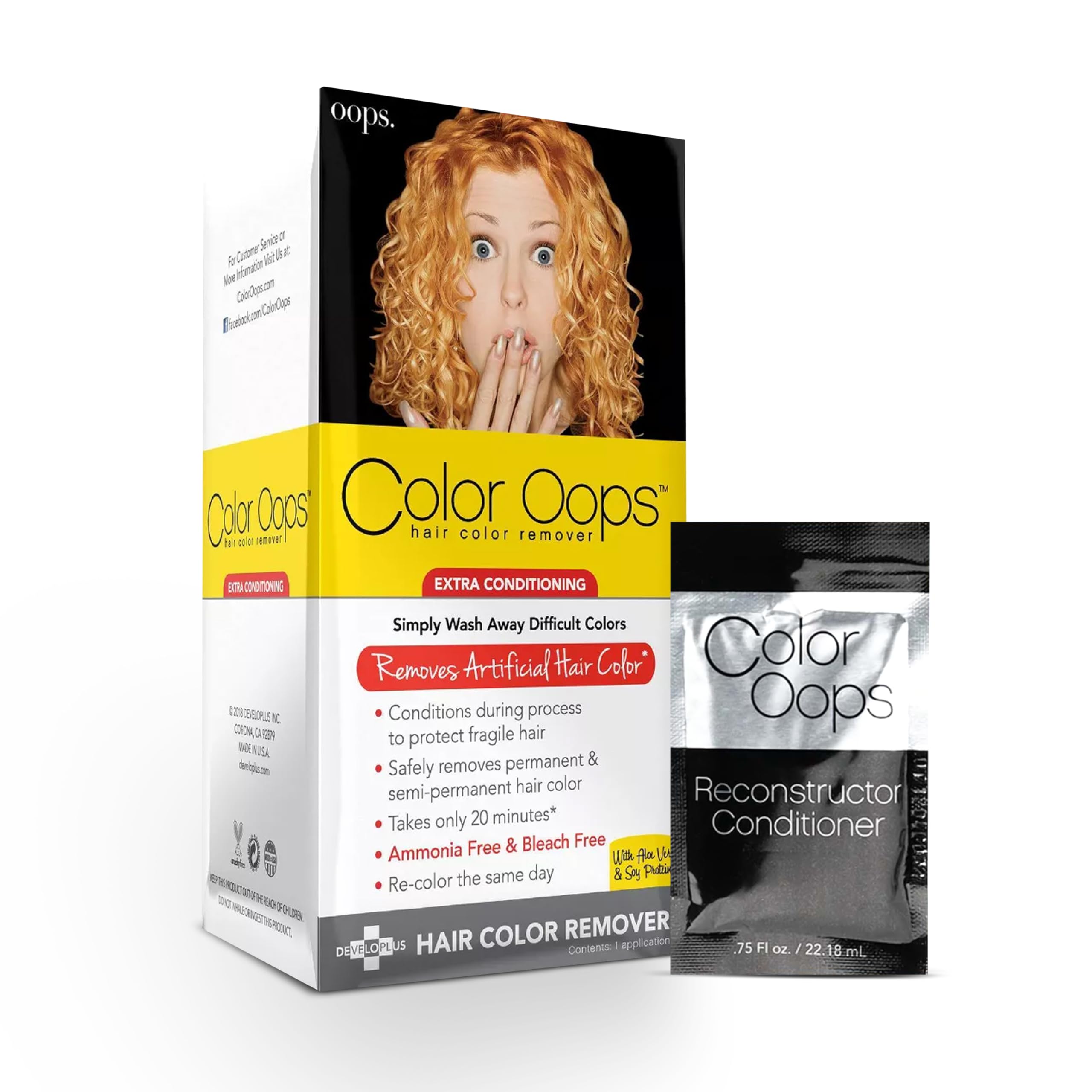 Color Oops remover bottle demonstrates in-home color removal with conditioning.