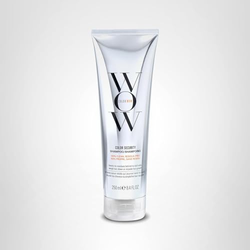 Bathroom shelf display featuring COLOR WOW Color Security Shampoo.