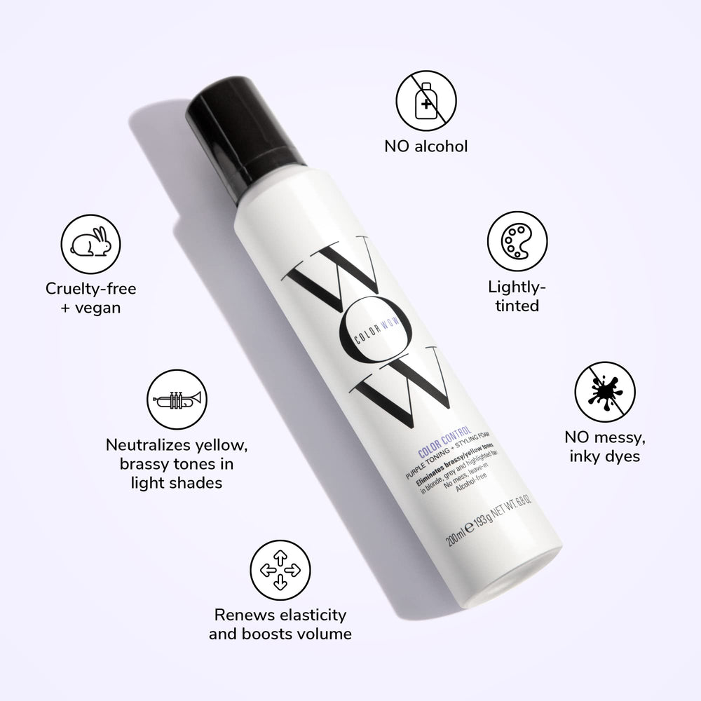 COLOR WOW Purple foam on wet hair while styling for easy use.