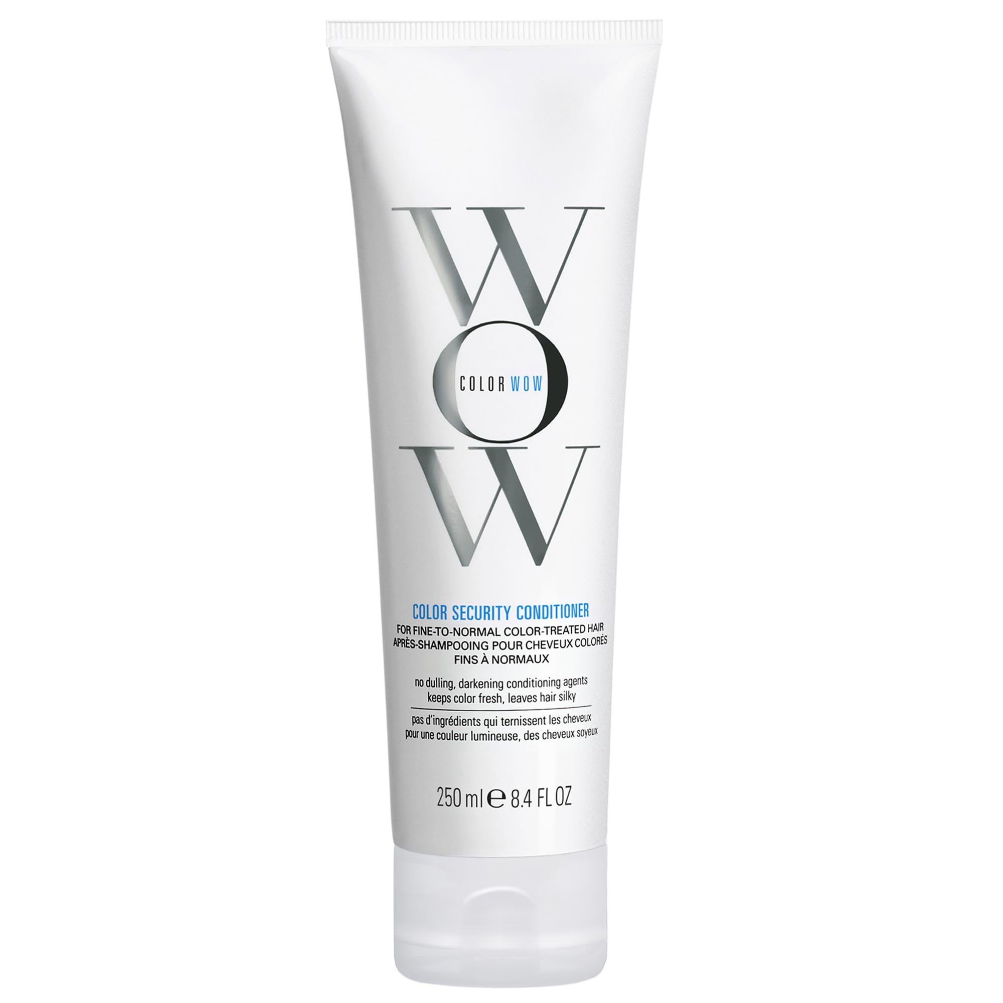 COLOR WOW Color Security Conditioner bottle demonstrates lightweight hydration for fine hair.