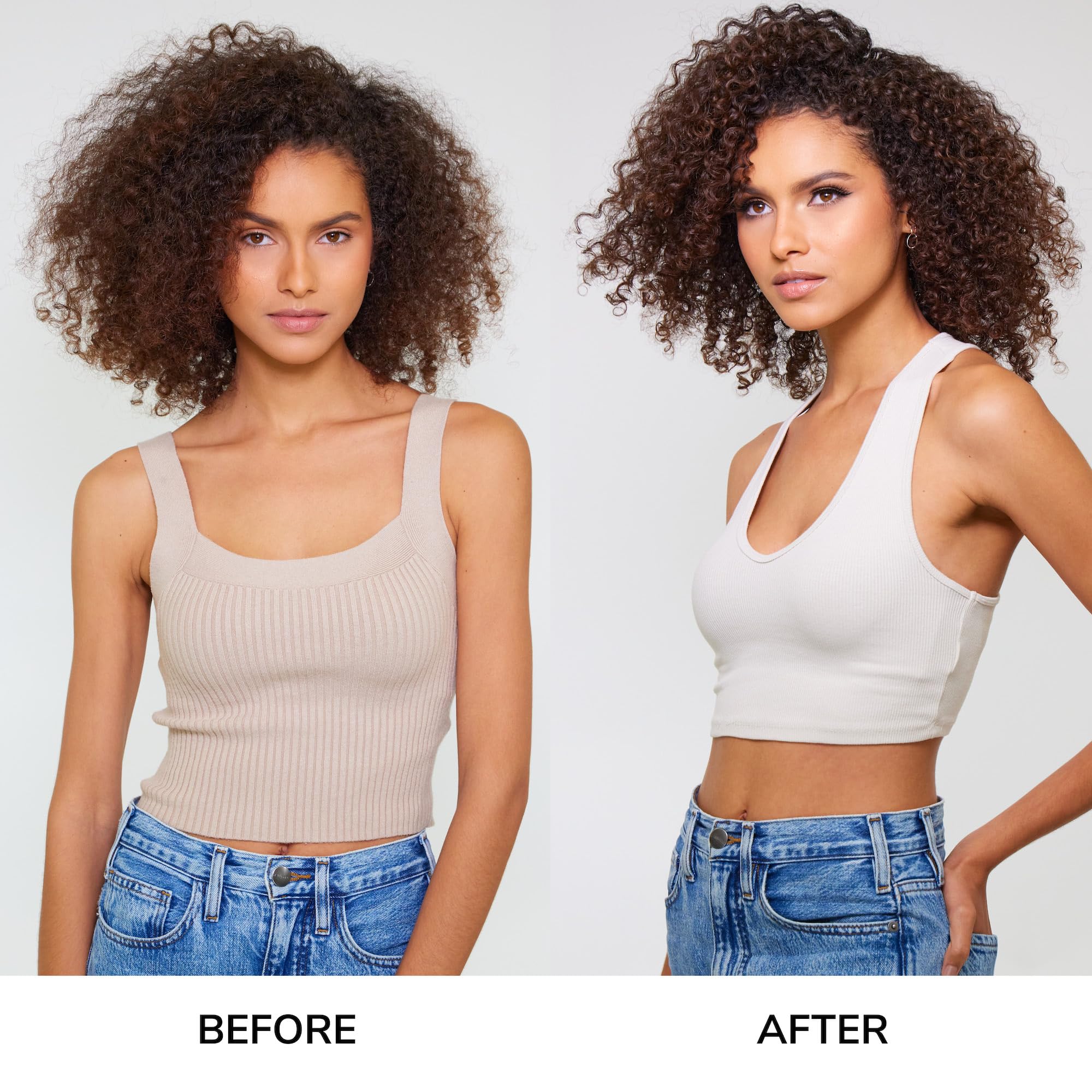 Model with bouncy curls after using COLOR WOW Curl Wow Coco-motion