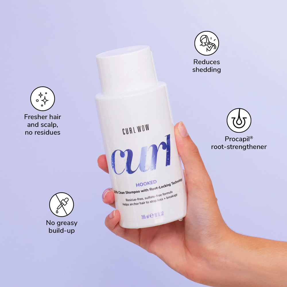 Sulfate-free Curl Wow Hooked label highlights clean washing routine