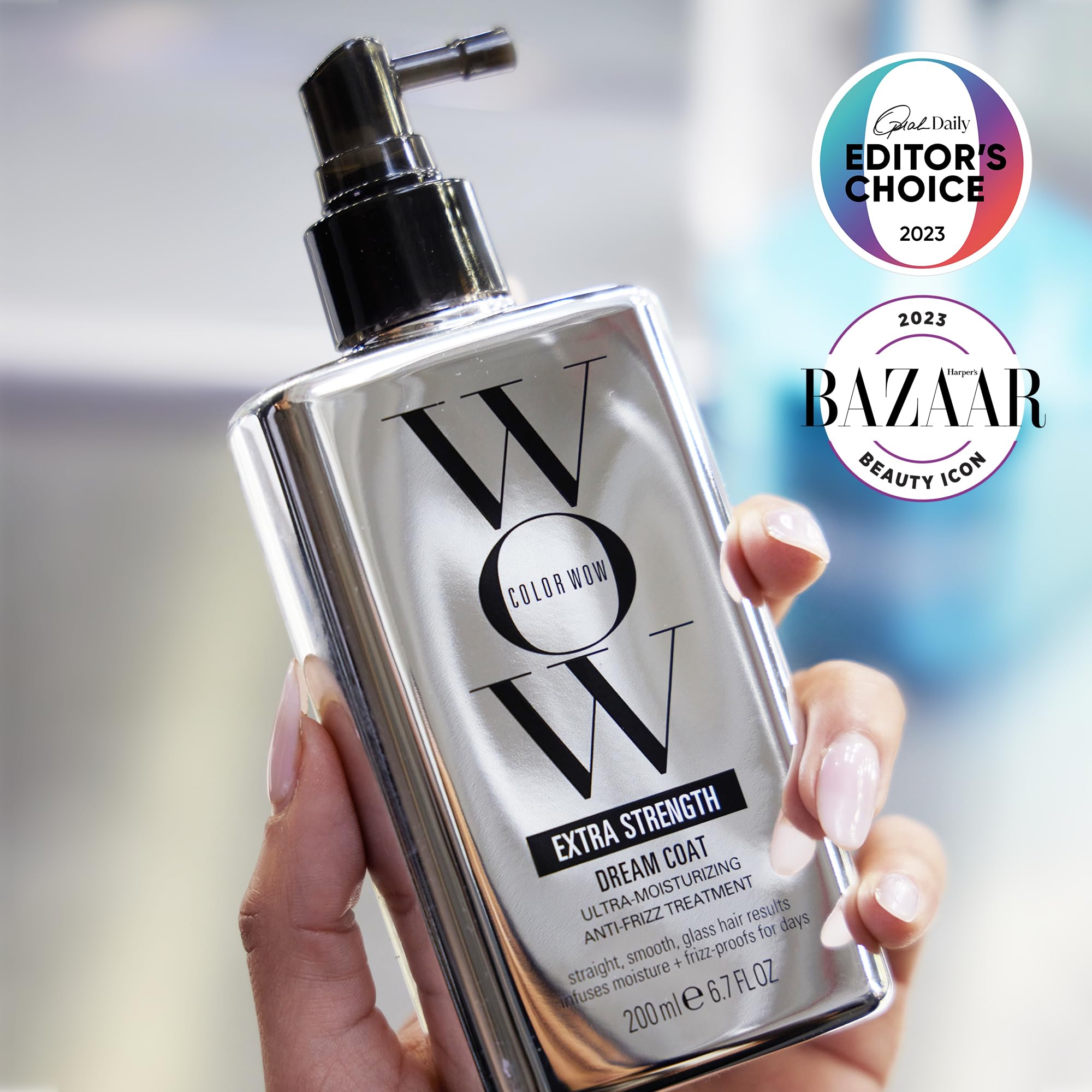 COLOR WOW Dream Coat anti-frizz finish shows long-lasting, humidity-resistant styling.