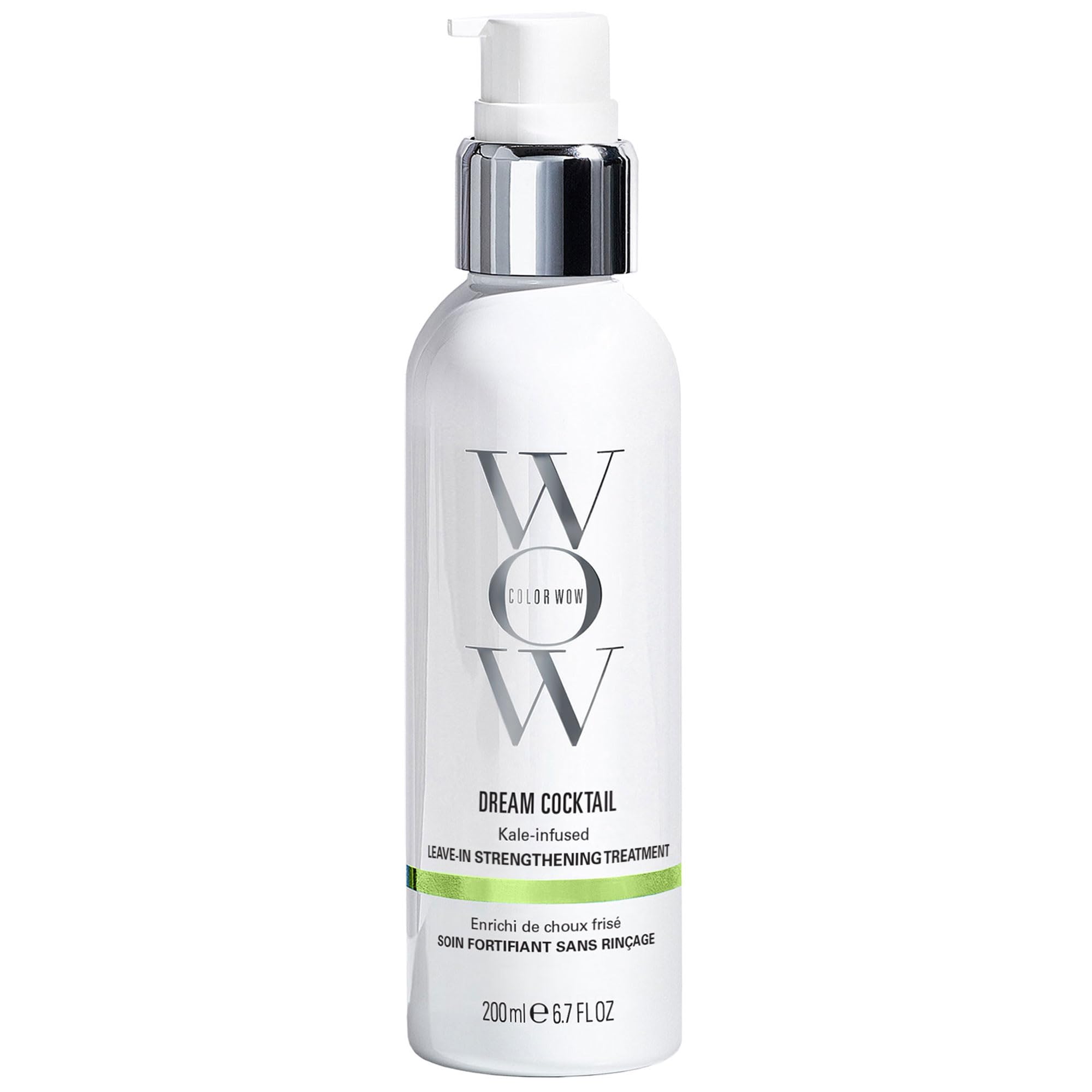 COLOR WOW Dream Cocktail Kale Leave-In bottle pour boosts moisture and fortifies fragile color-treated hair.