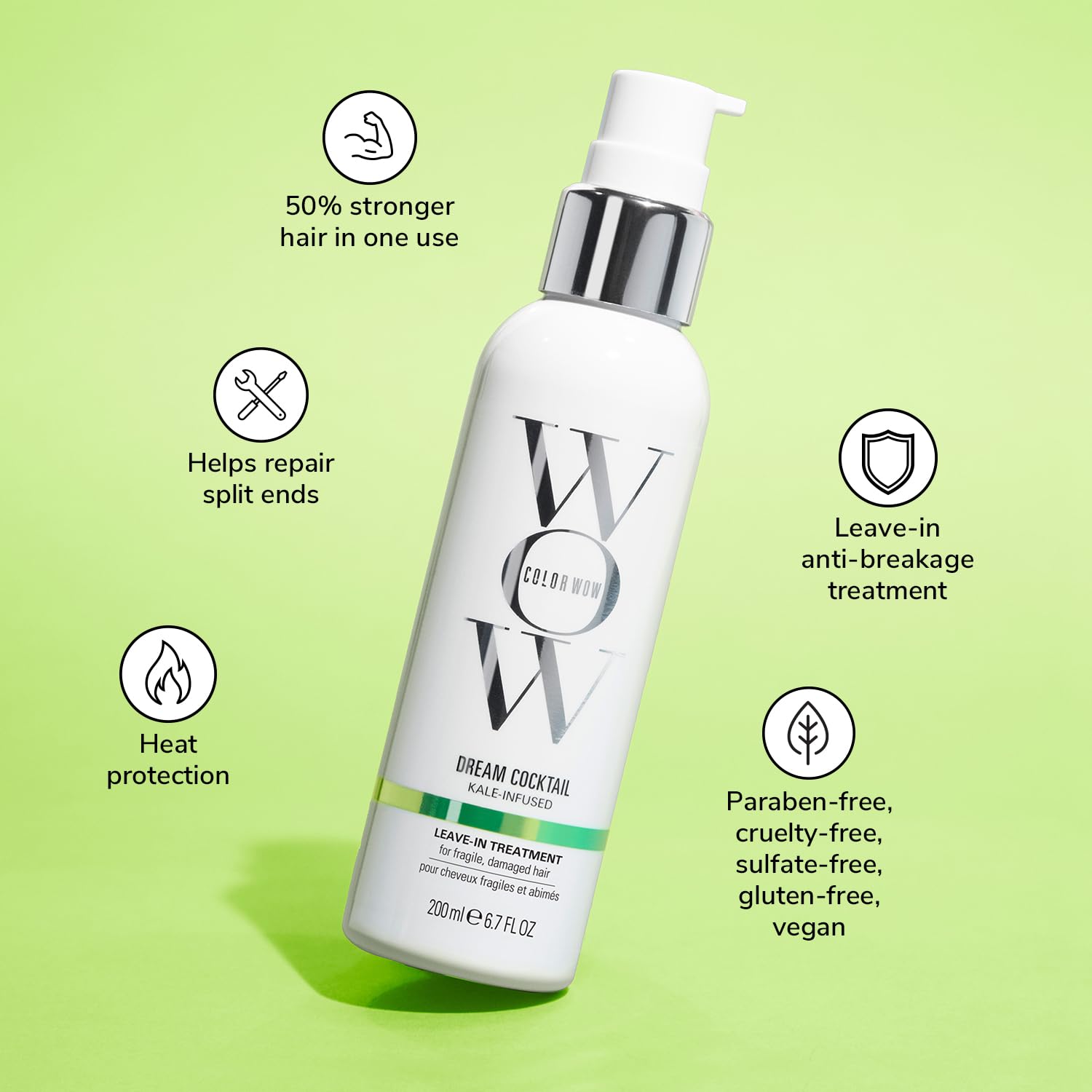 COLOR WOW Dream Cocktail Kale Leave-In protects against heat and color fade during styling.