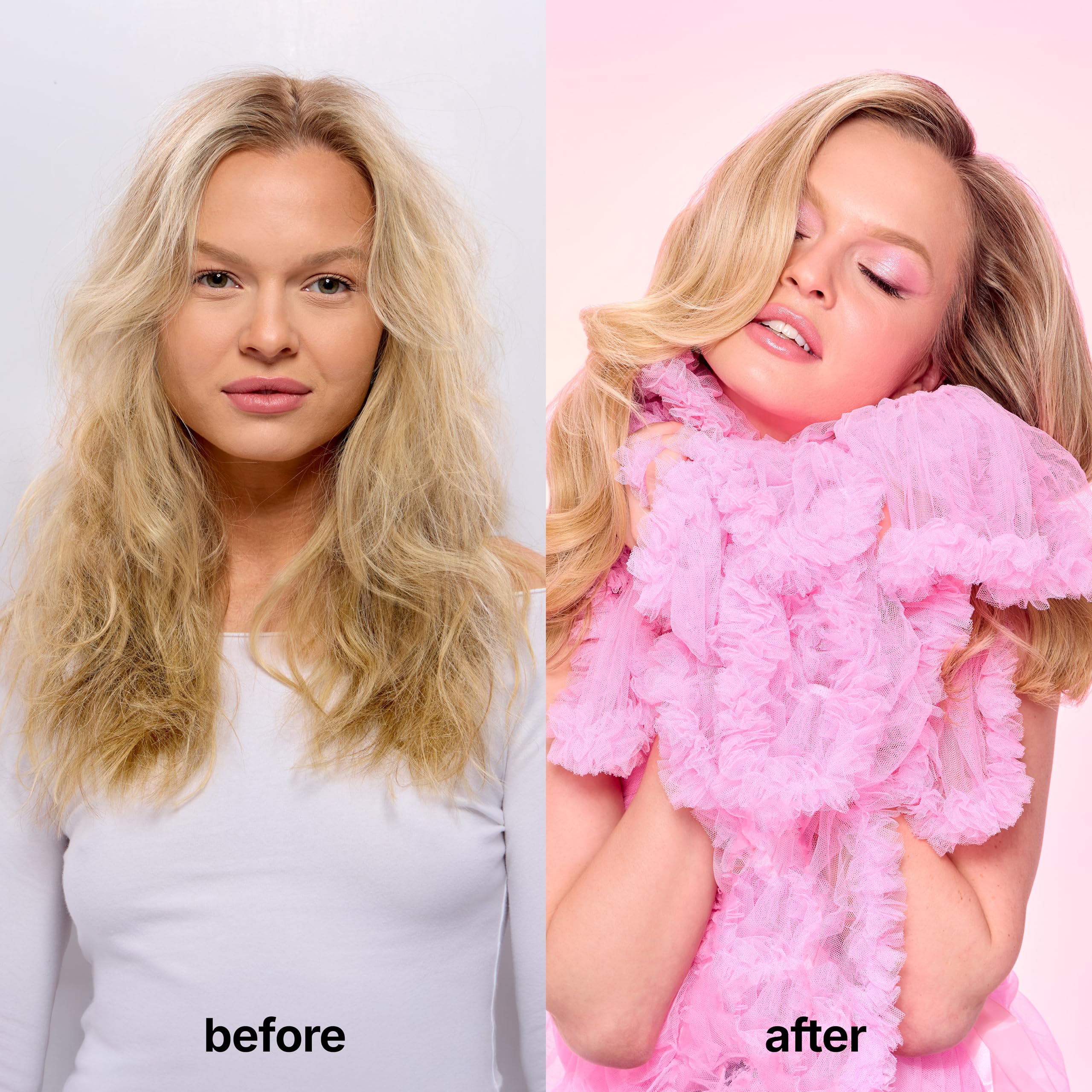 Color Wow Dreaming before-after look highlights transformed smoothness.