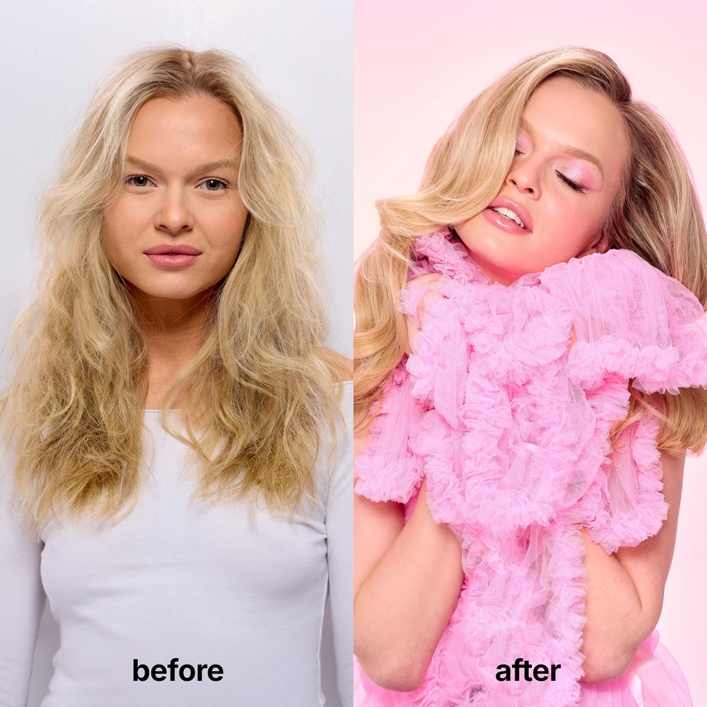 Color Wow Dreaming before-after look highlights transformed smoothness.