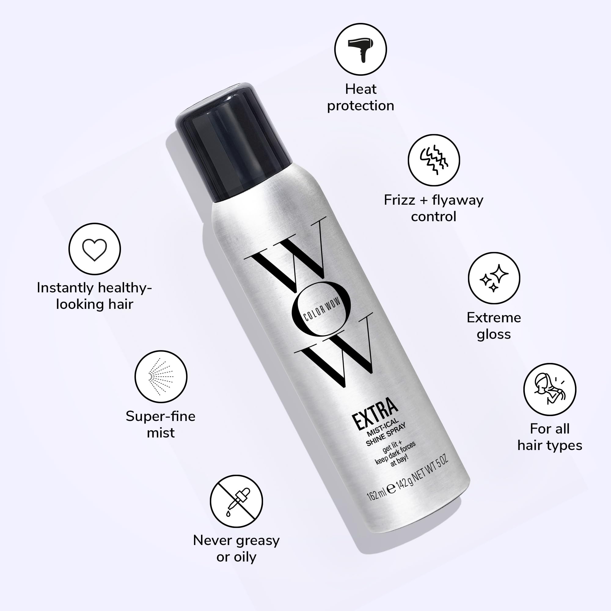 COLOR WOW heat-protection shine mist on hair close-up