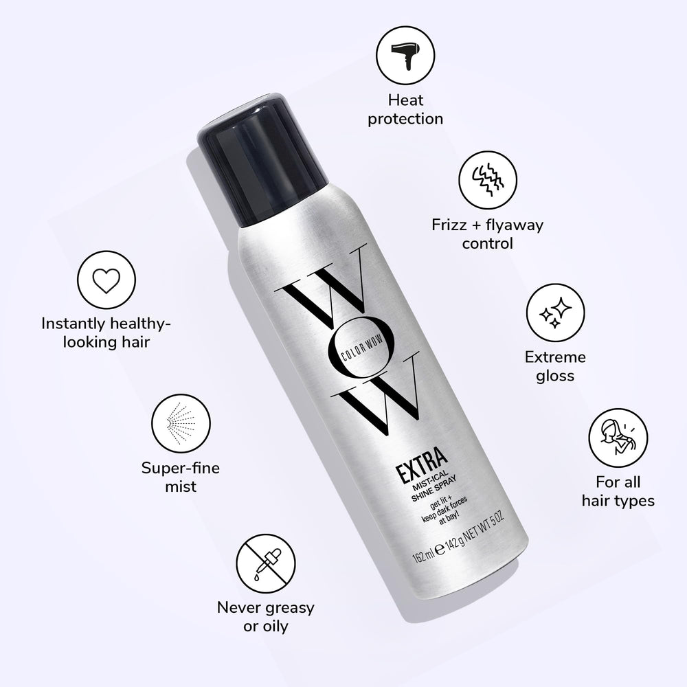 COLOR WOW heat-protection shine mist on hair close-up