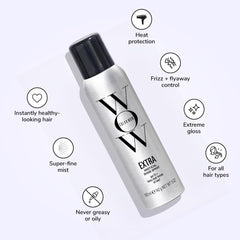 COLOR WOW heat-protection shine mist on hair close-up