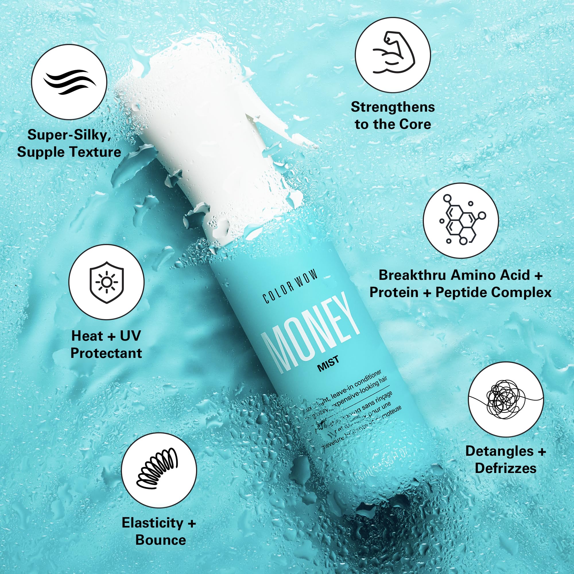 COLOR WOW MONEY MIST frizz control for calmer strands in humidity.