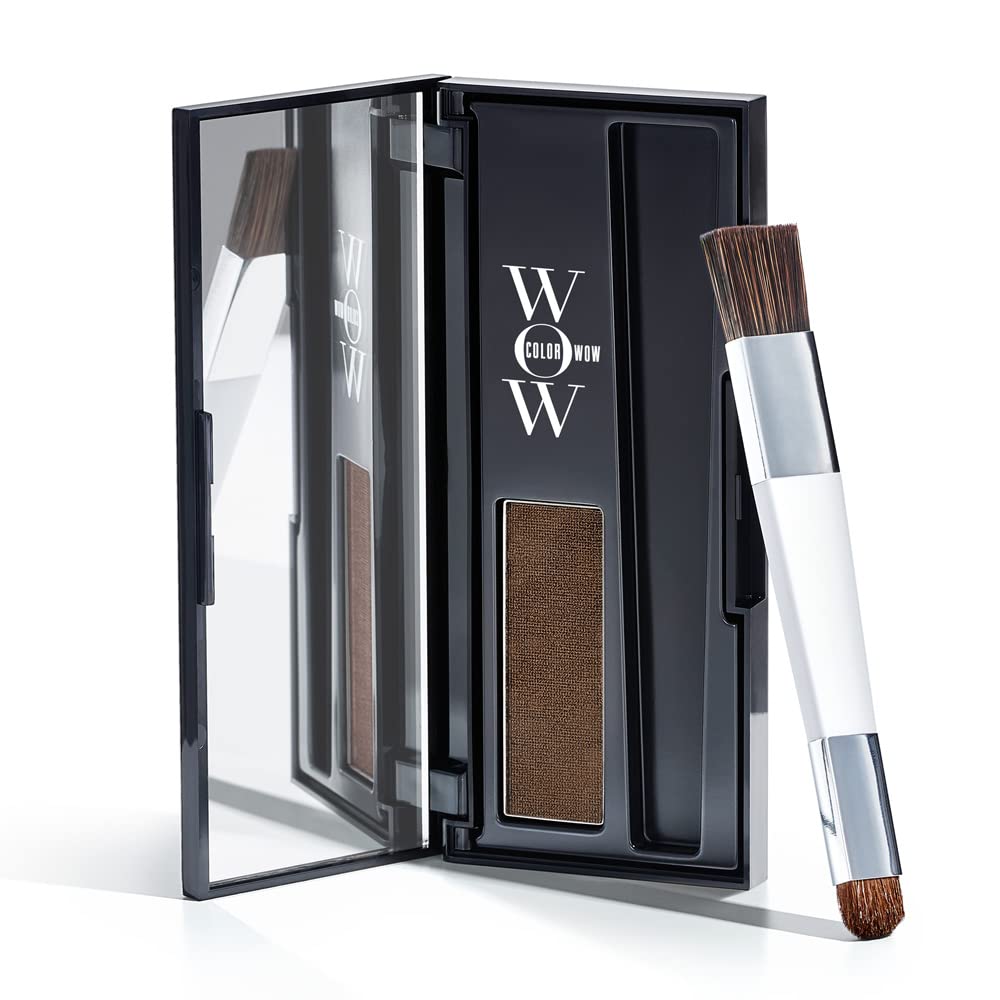 COLOR WOW Root Cover Up medium brown powder application showing quick root touch-up.