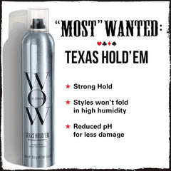 COLOR WOW Texas Hold 'Em Big Hold hairspray application close-up showing a brush-through finish.