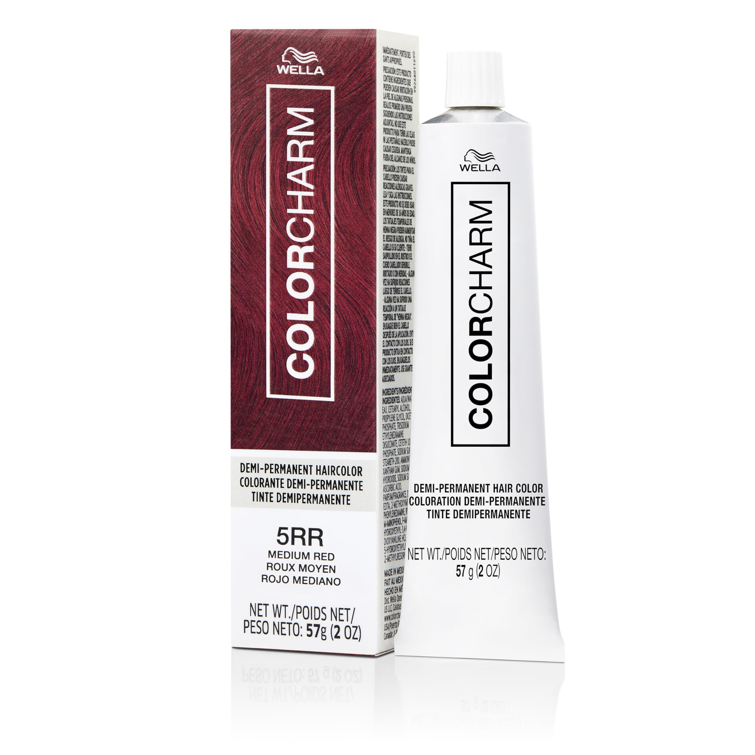 COLORCHARM Demi-Permanent 5RR red swatches illustrate vibrant color options for refreshing shade