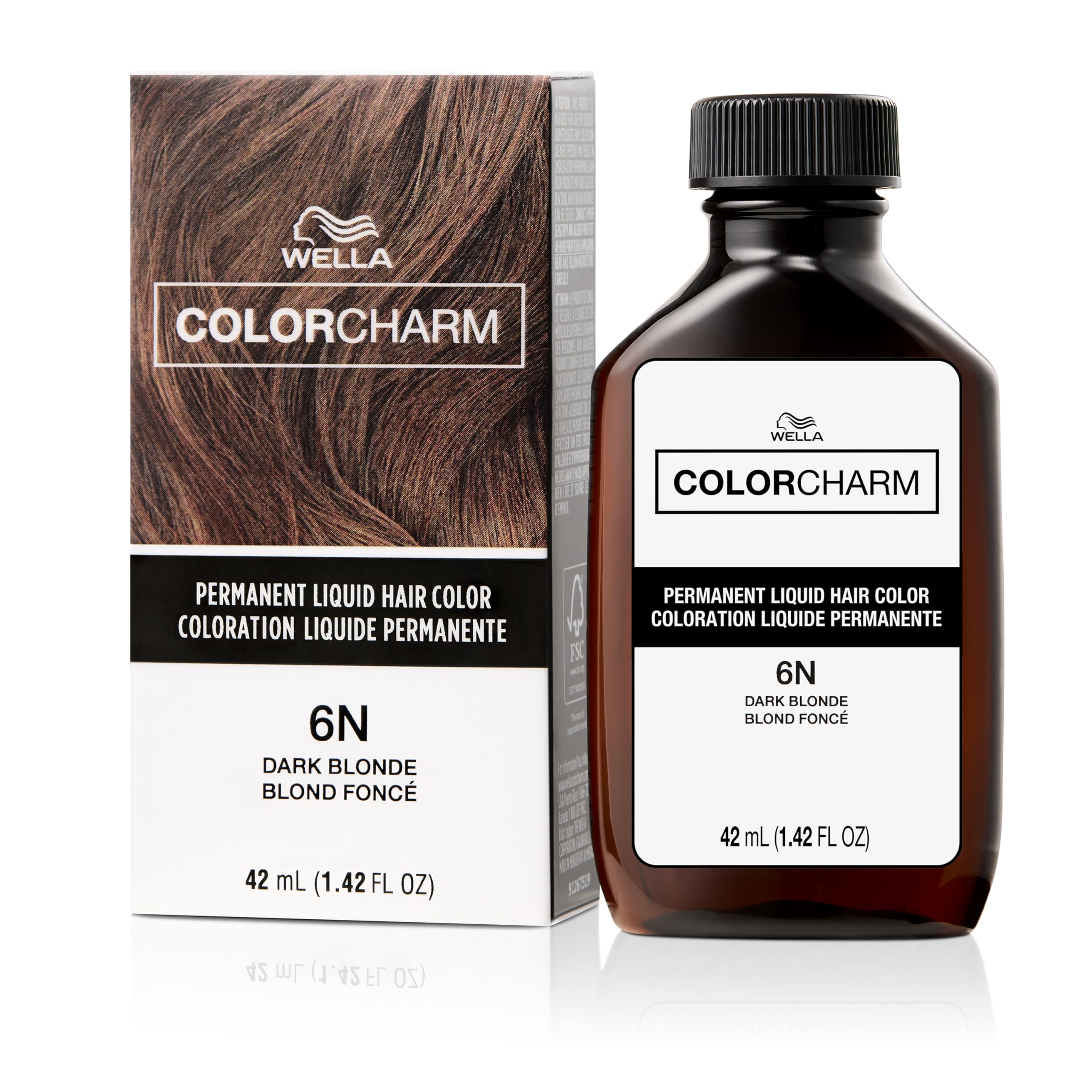 COLORCHARM 6N dark blonde liquid color bottle close-up showing rich shade and even coverage