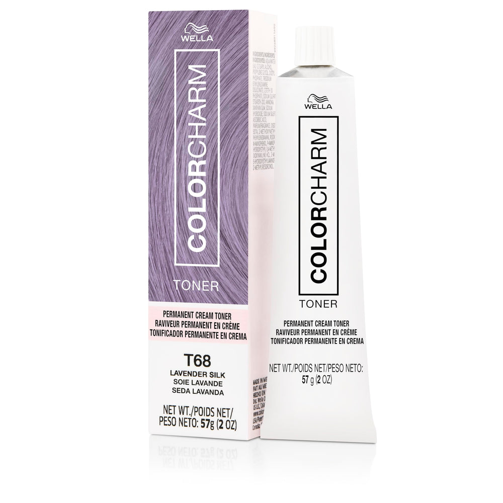 COLORCHARM Permanent Creme Toner T68 Lavender Silk bottle neutralizes brass for cooler blonde results.