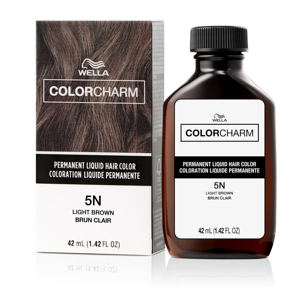 COLORCHARM permanent liquid hair color bottle delivers even gray coverage.