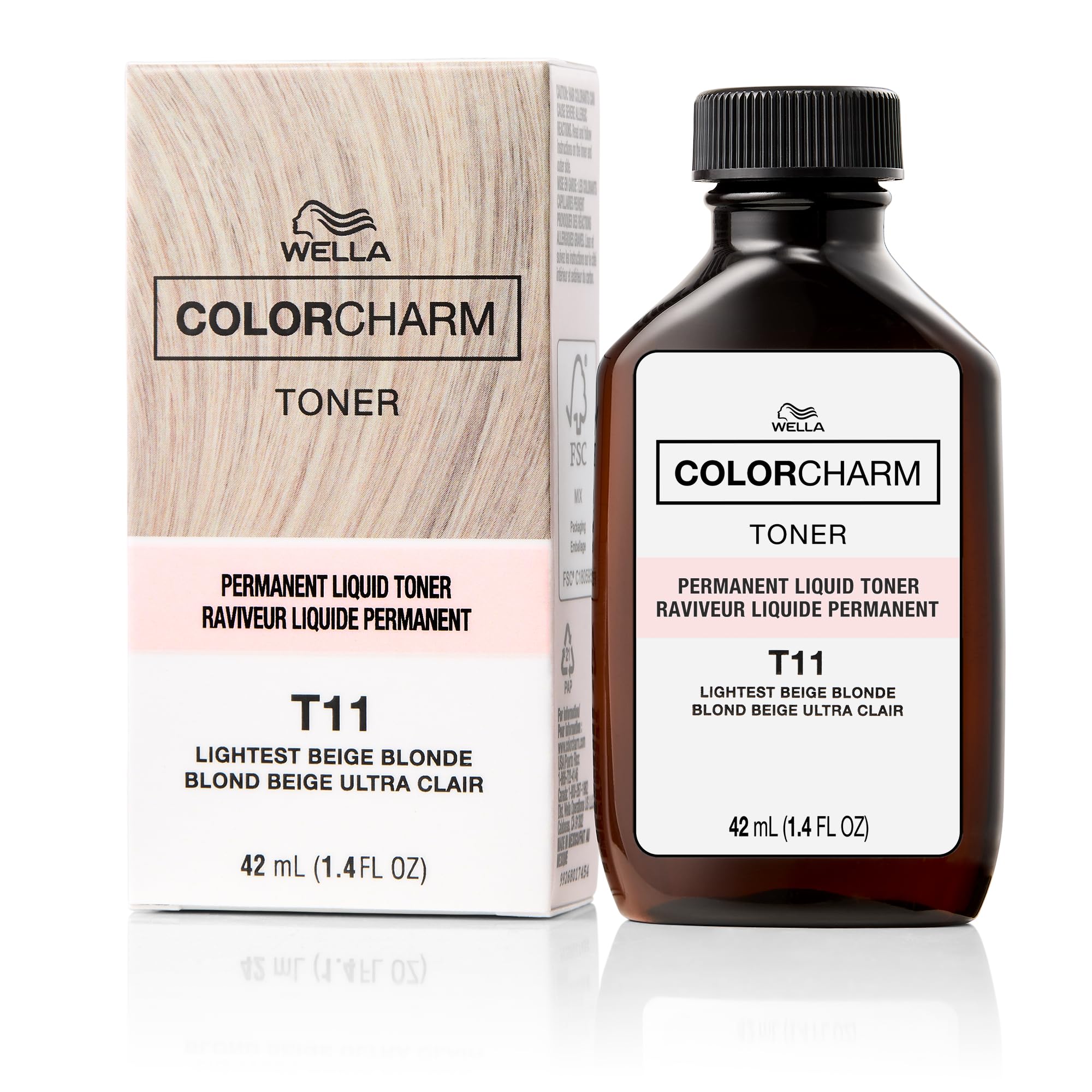 COLORCHARM permanent liquid toner bottle shows brass neutralization for a cooler blonde