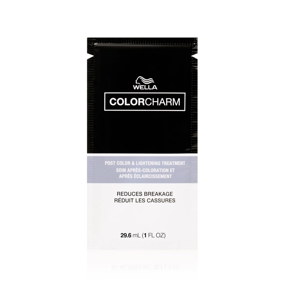 COLORCHARM Post Color & Lightening Treatment bottle pour shown, promoting bond strength and added shine.
