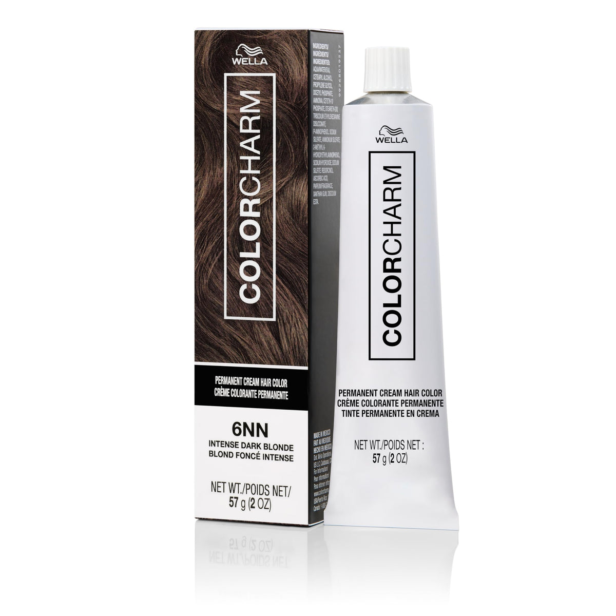COLORCHARM permanent cream hair color 6NN bottle showing bond protection and rich coverage.