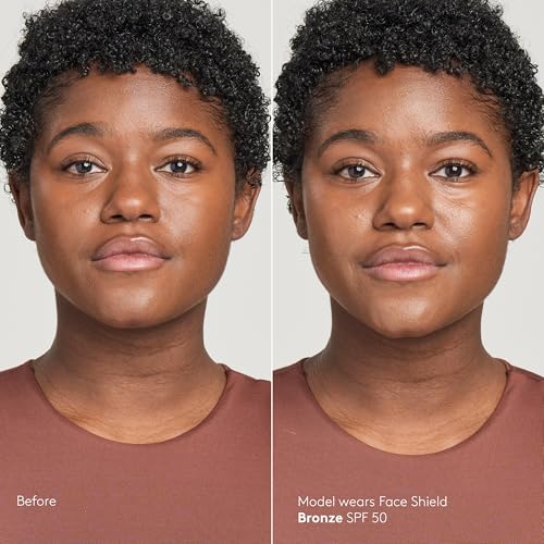 Colorescience Face Shield Bronze application shows even coverage on face, neck, and décolleté