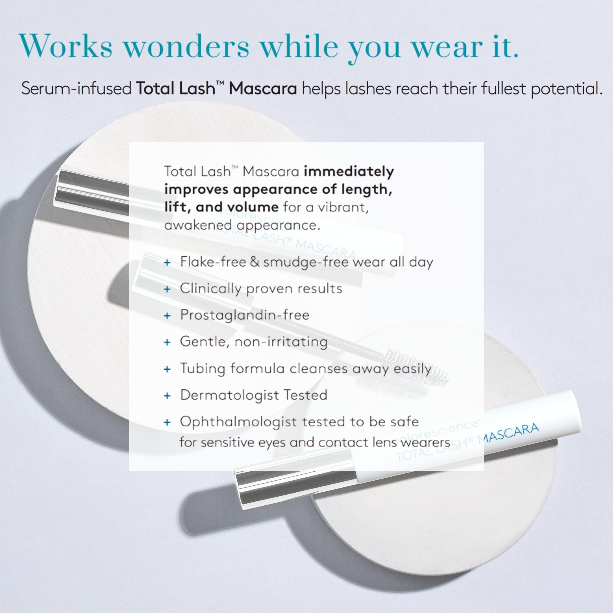 Colorescience Total Lash Mascara long-lasting finish on dark lashes.