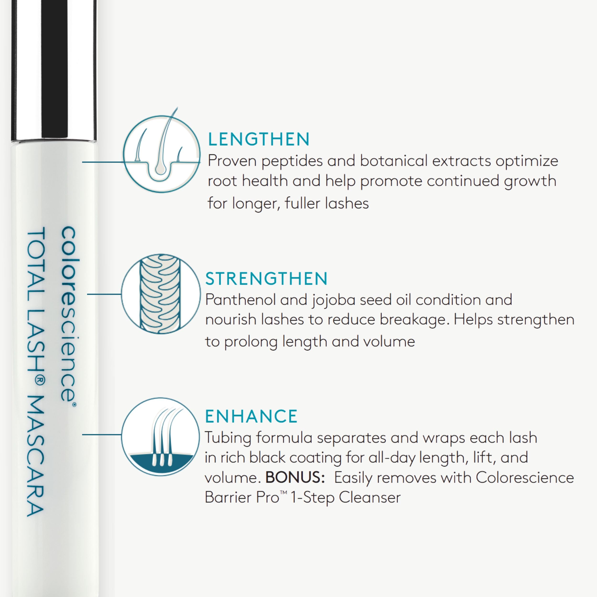 Colorescience Total Lash Mascara panthenol-jojoba ingredients close-up.