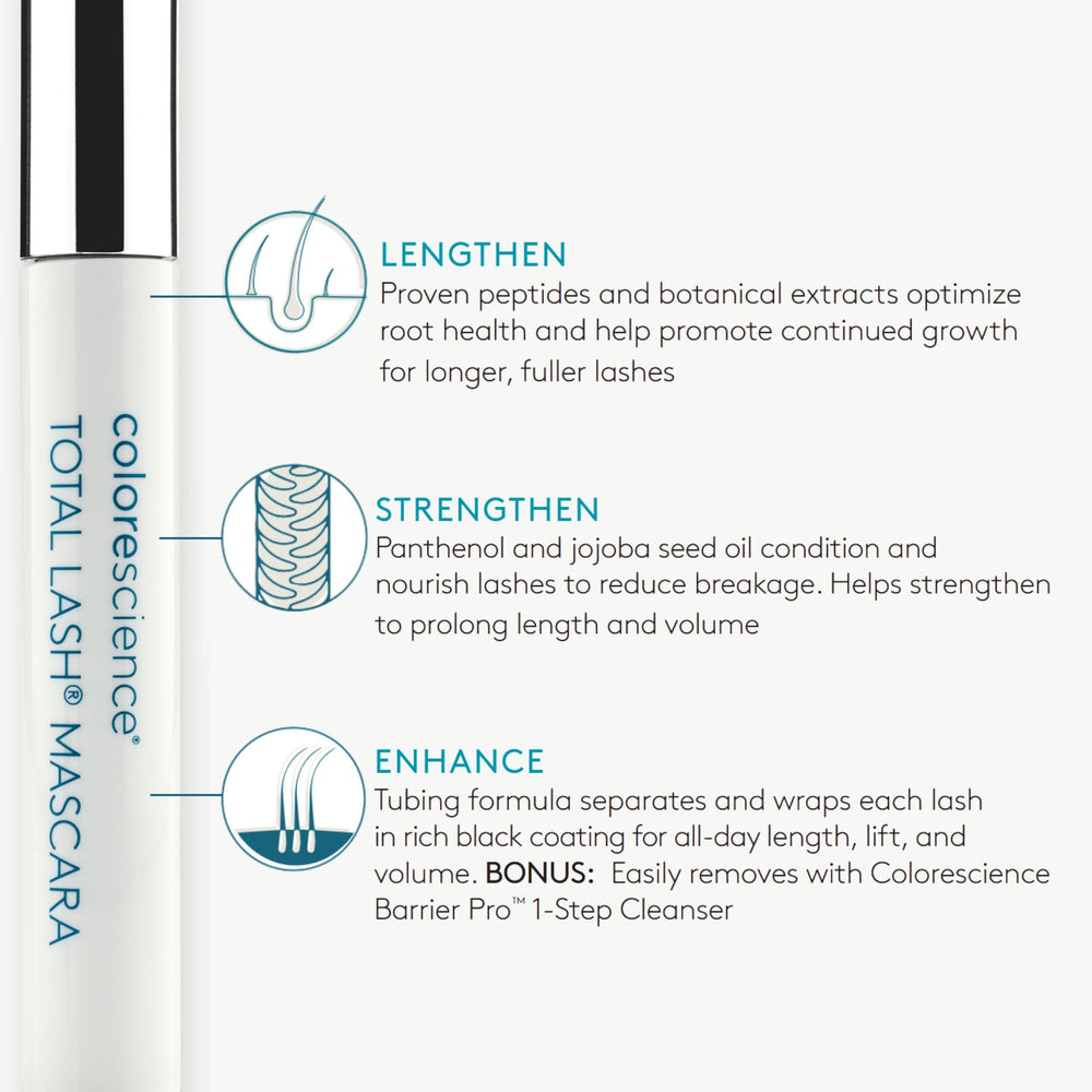Colorescience Total Lash Mascara panthenol-jojoba ingredients close-up.