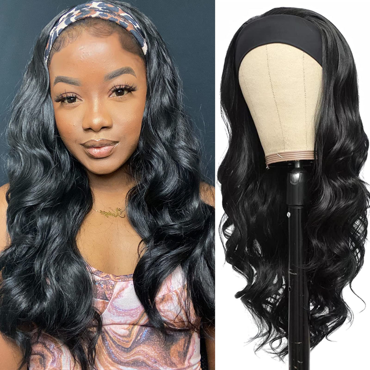 Colorful Queen glueless headband wig on model with long black body wave, natural look