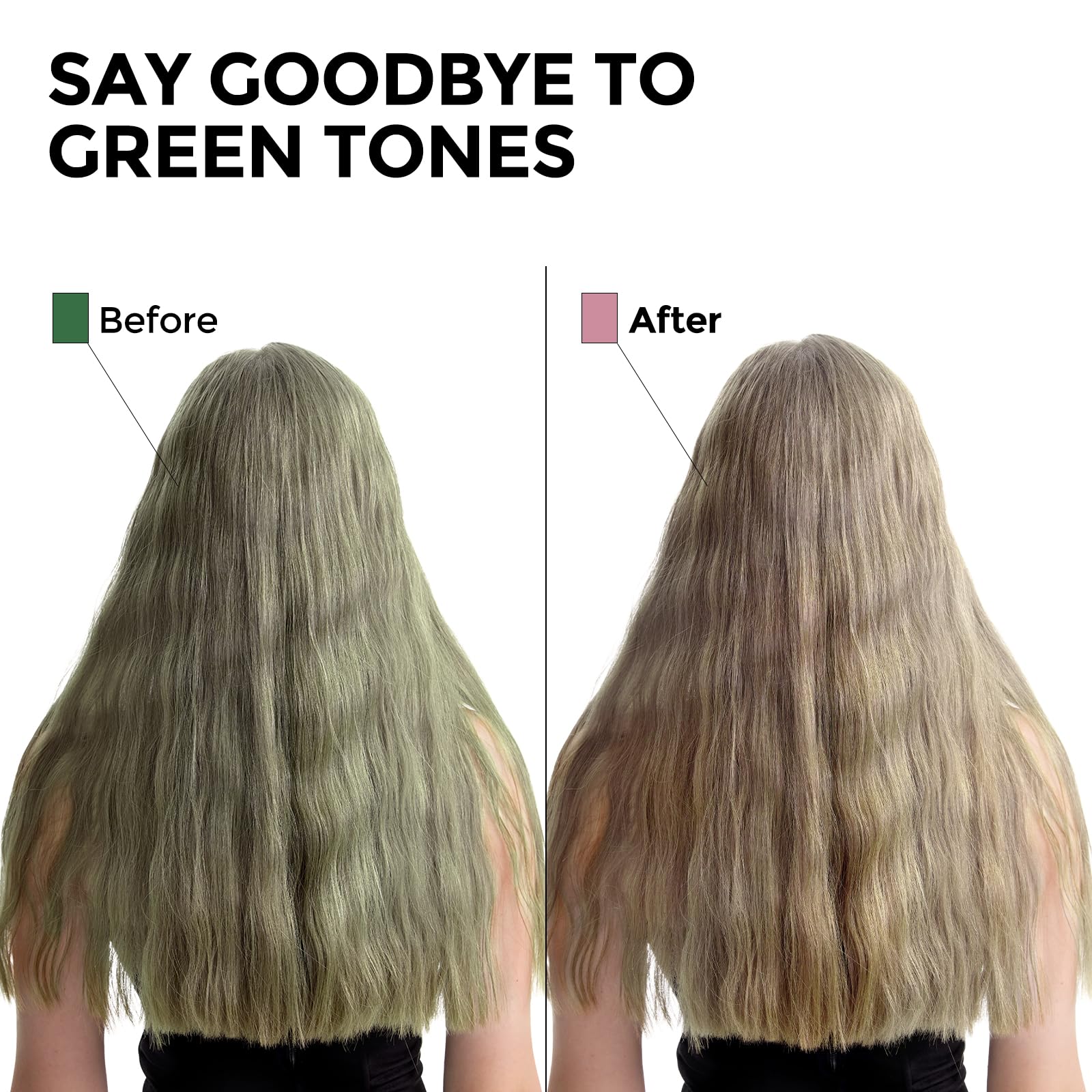 COLORLOMO shampoo adiós verdor: primer plano muestra contraste de tonos verdosos en cabello.