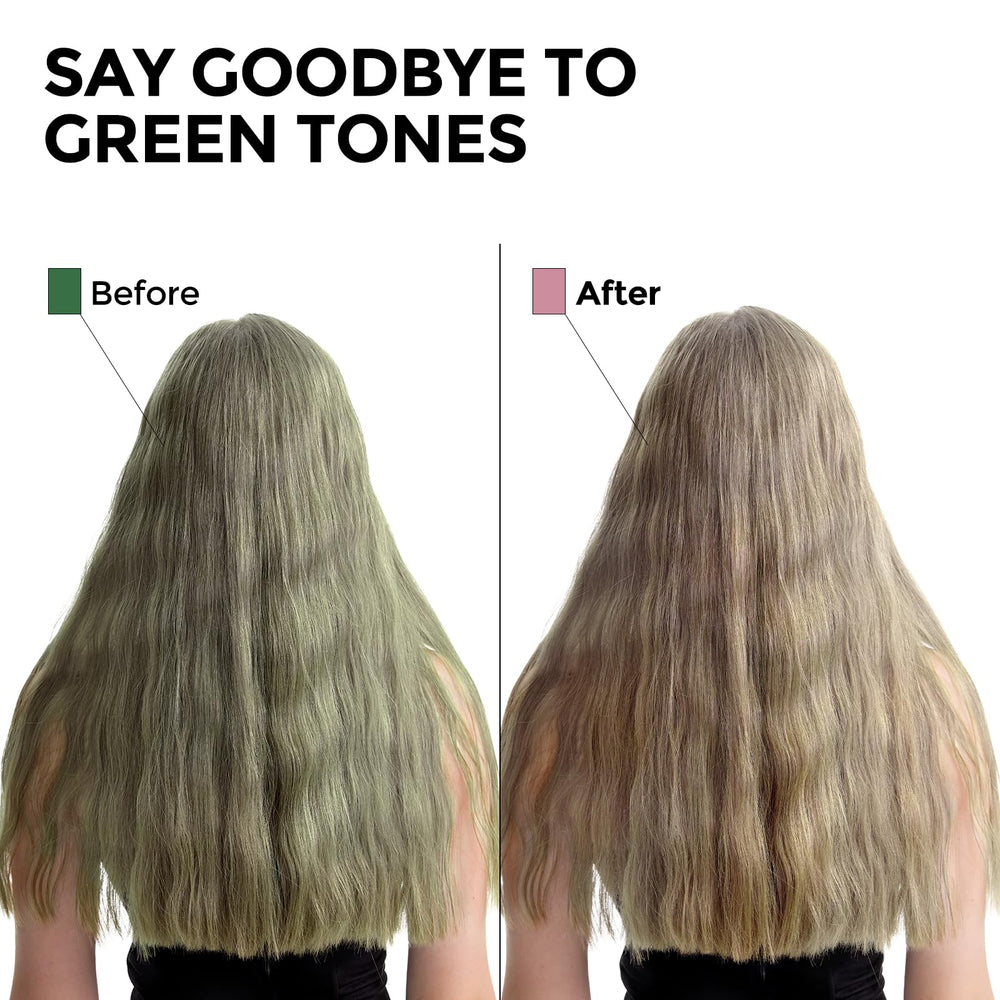 COLORLOMO shampoo adiós verdor: primer plano muestra contraste de tonos verdosos en cabello.
