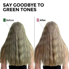 COLORLOMO shampoo adiós verdor: primer plano muestra contraste de tonos verdosos en cabello.