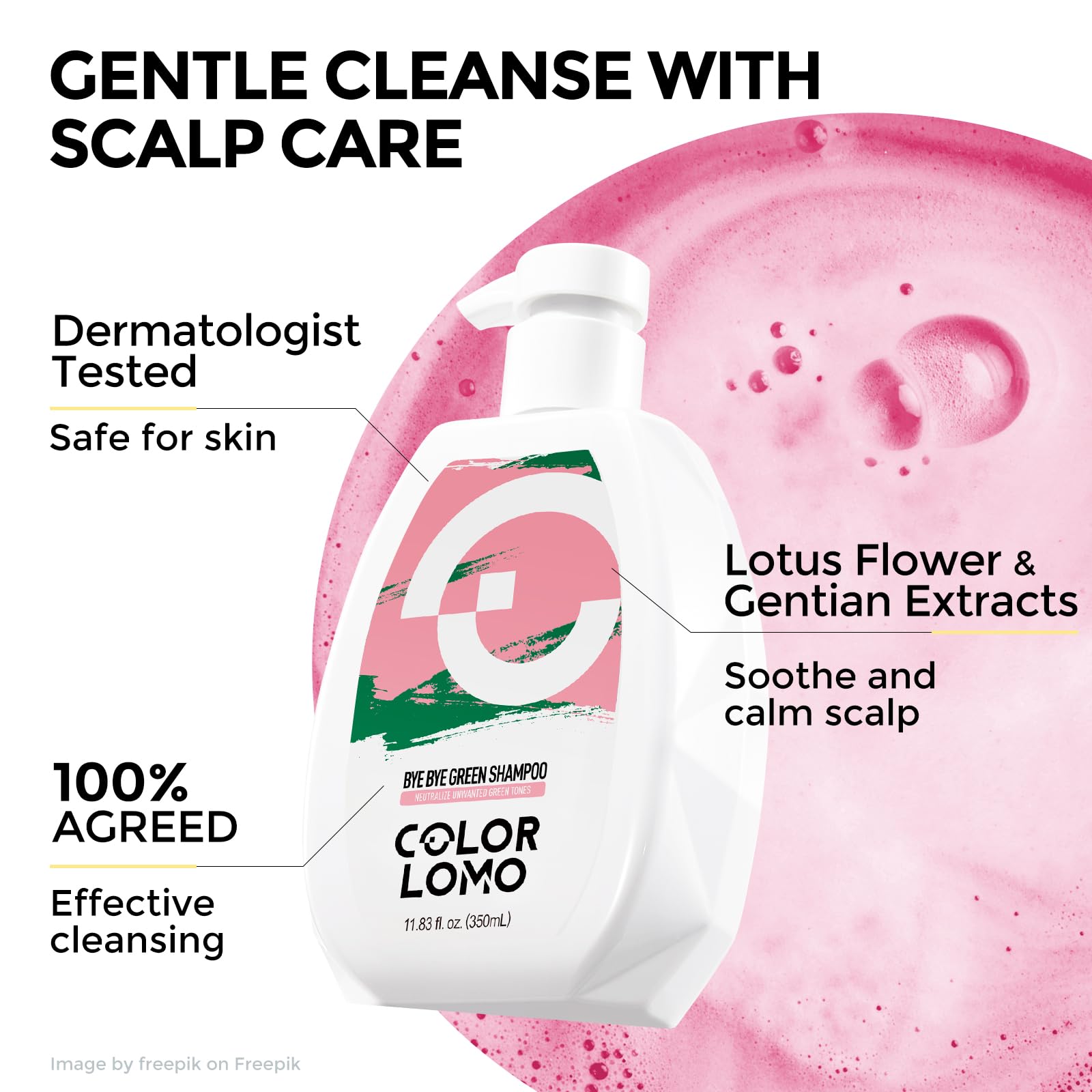 COLORLOMO shampoo adiós verdor: detalle de tecnología HueSync para balance de color.