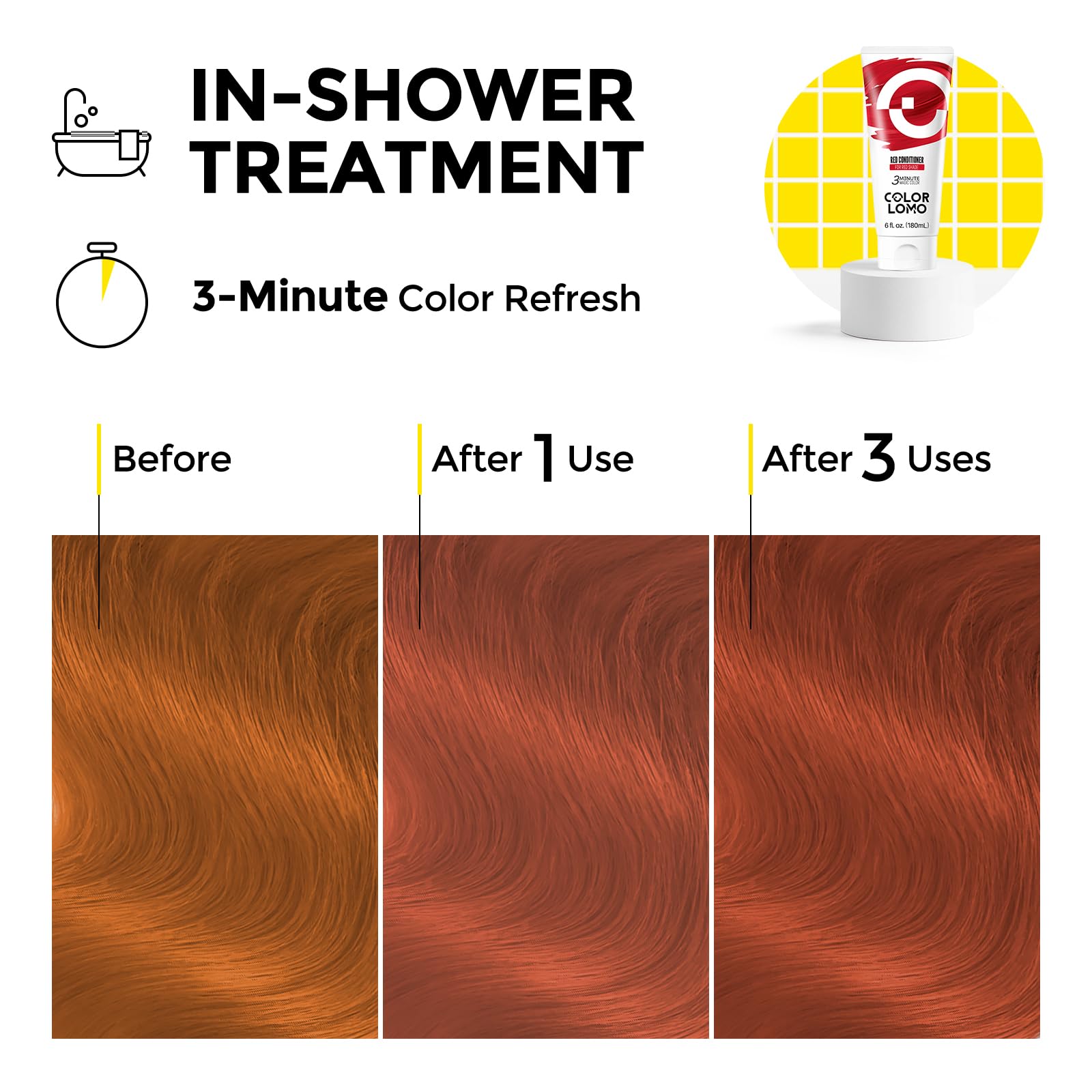 COLORLOMO daily-use on wet hair application shows quick 3-minute color maintenance.