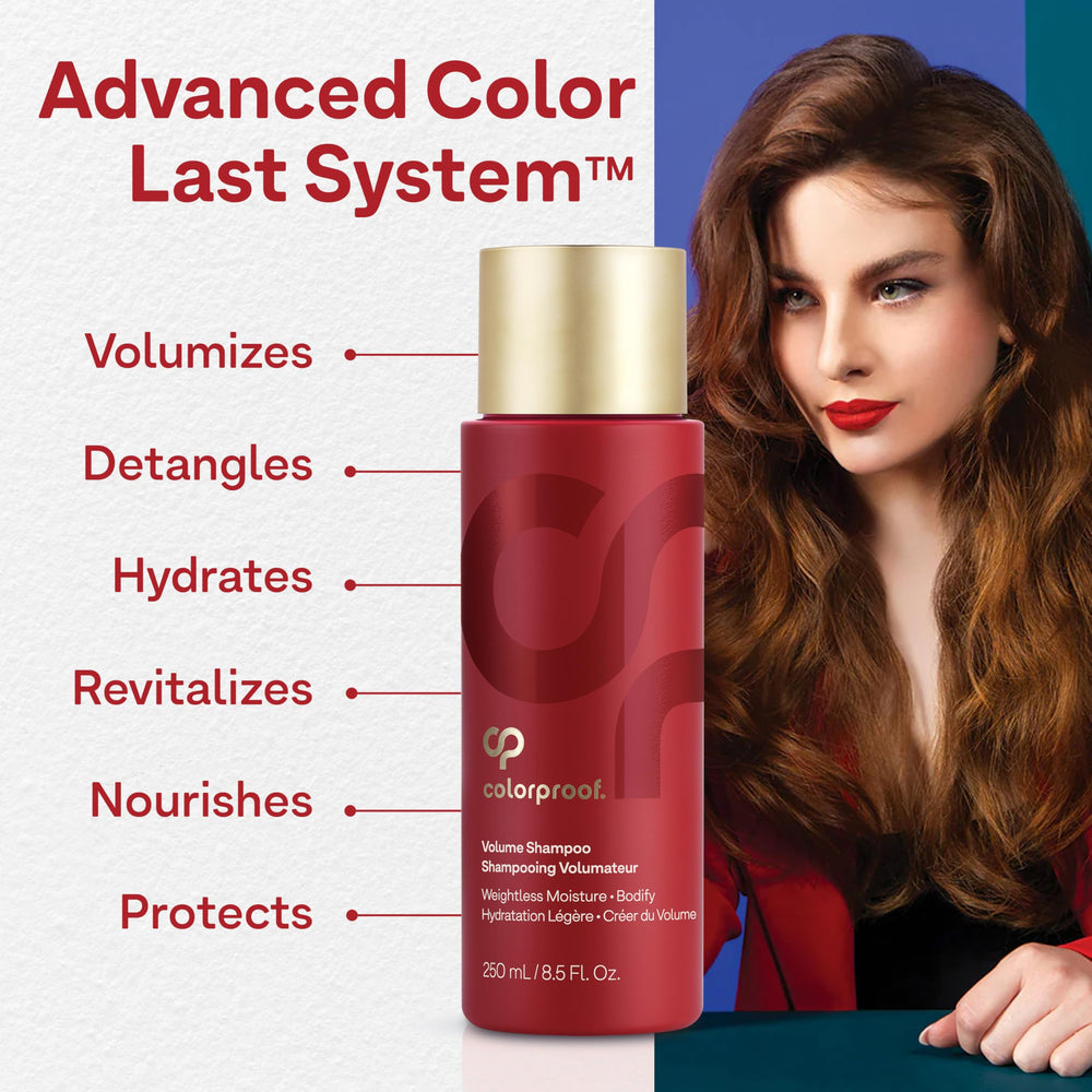 ColorProof Volume Shampoo volumizing polymers detail shows root-to-tip strength and bounce
