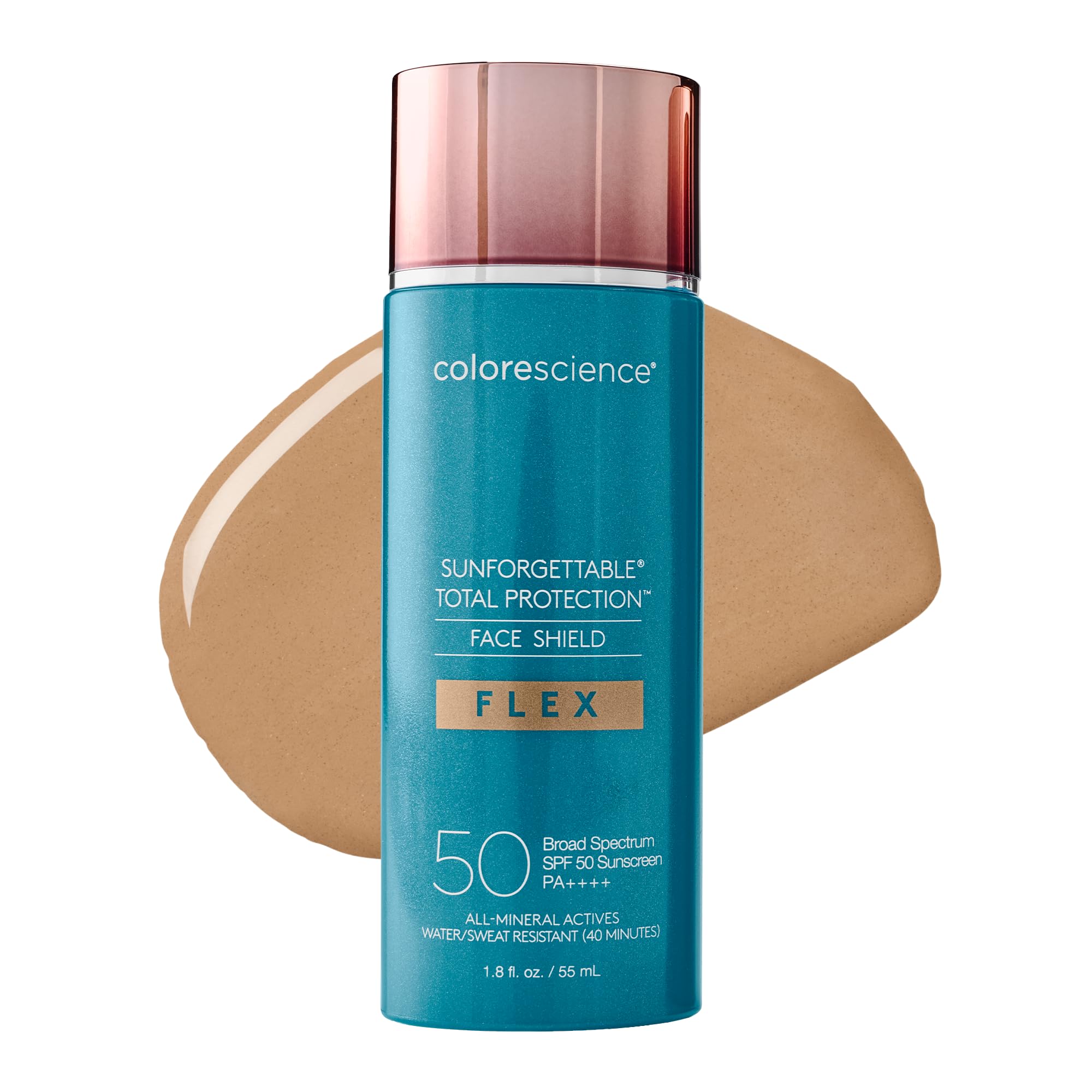 Colorescience Face Shield Flex SPF 50 bottle front in tan shade for even skin tone