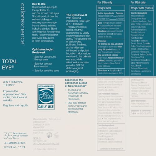 Colorescience Total Eye 3-in-1 Renewal Therapy swatch shows brightness across skin tone