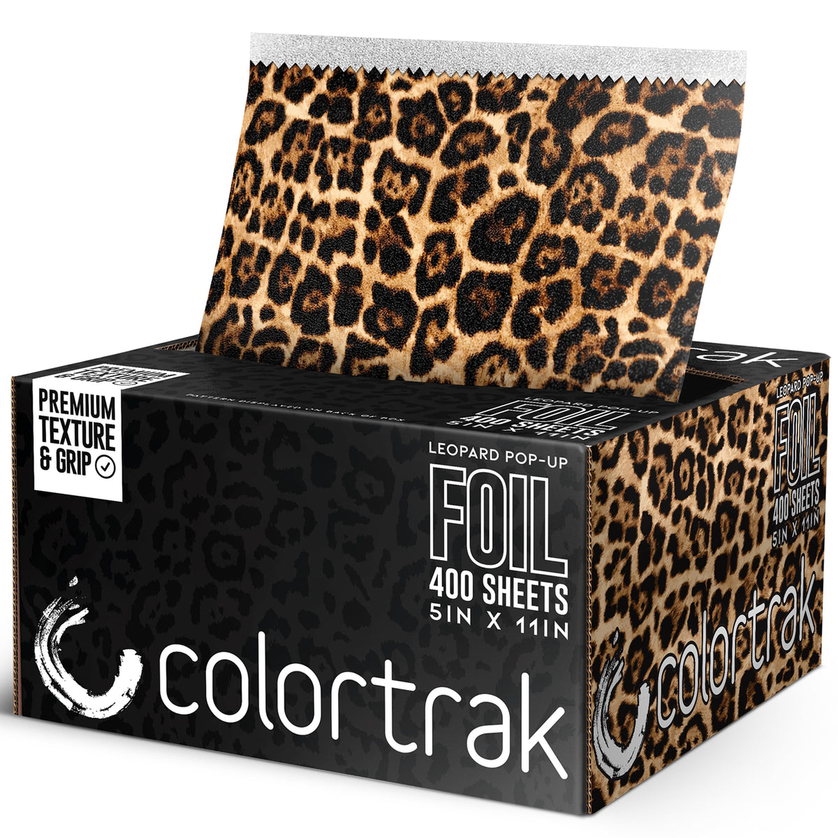 Colortrak leopard pop-up foil with dispenser for quick, clean color sessions.