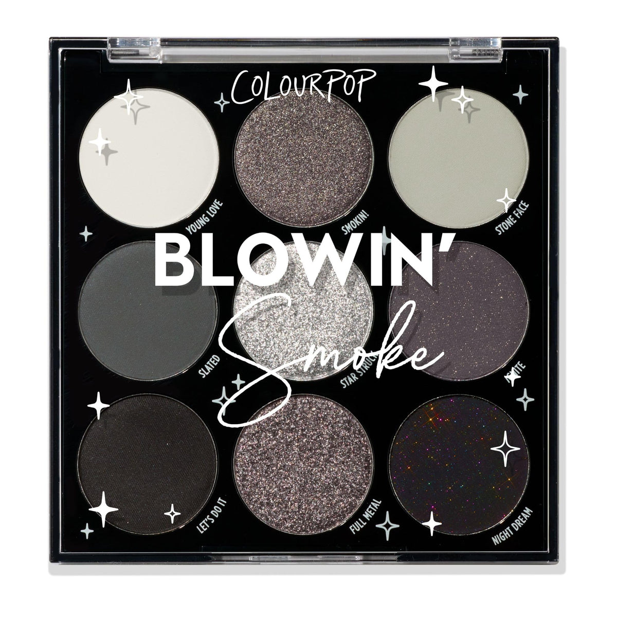 Paleta ColourPop Blowin Smoke abierta muestra tonos plateados para looks glamorosos.