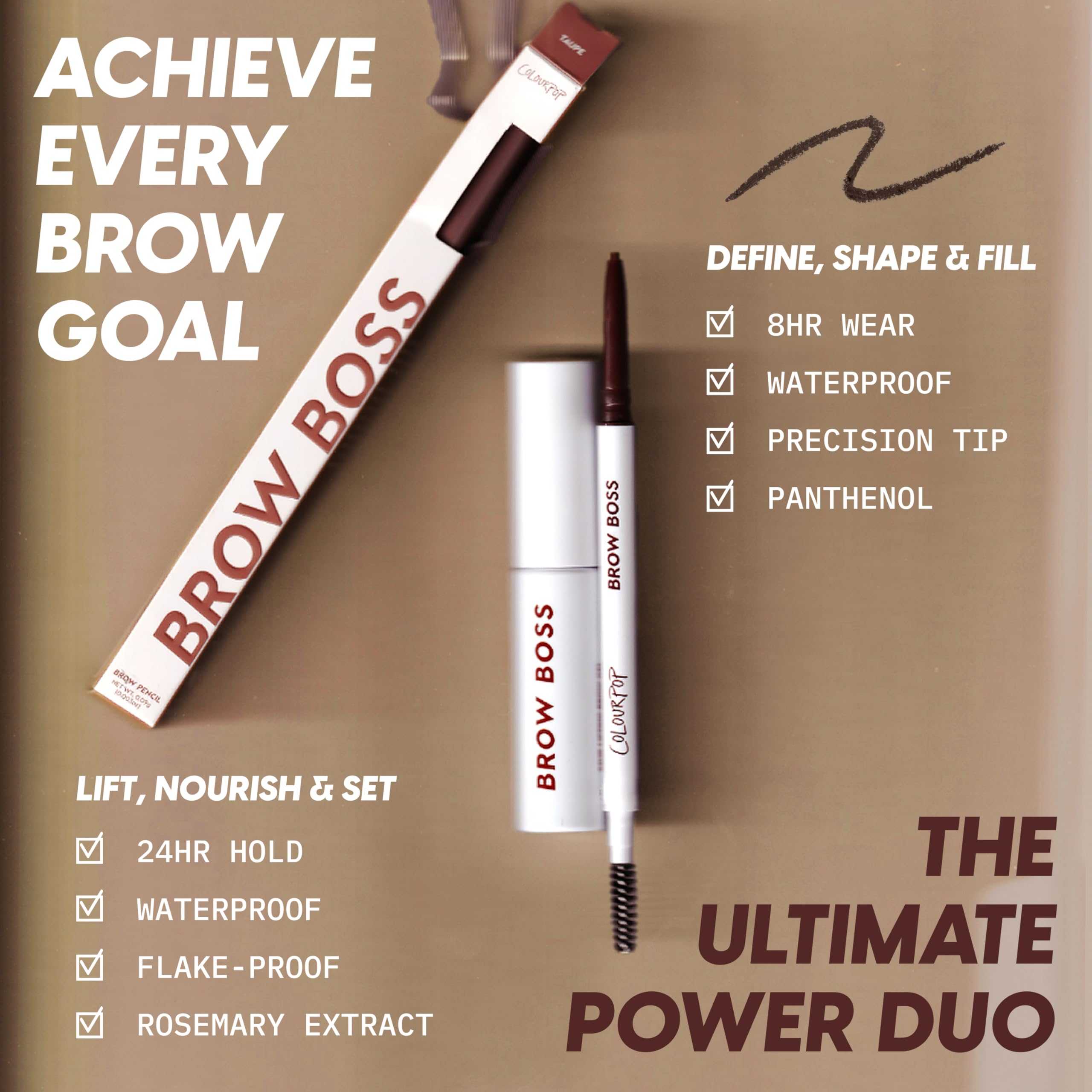 Compact Brow Boss with spoolie for on-the-go blending and shaping.