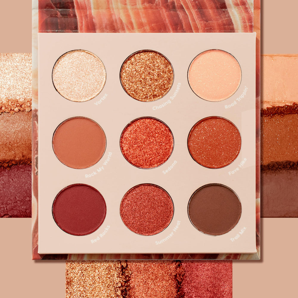 ColourPop Rock On Eyeshadow Palette: gama terracota-bronce con acabado metalizado para eventos.