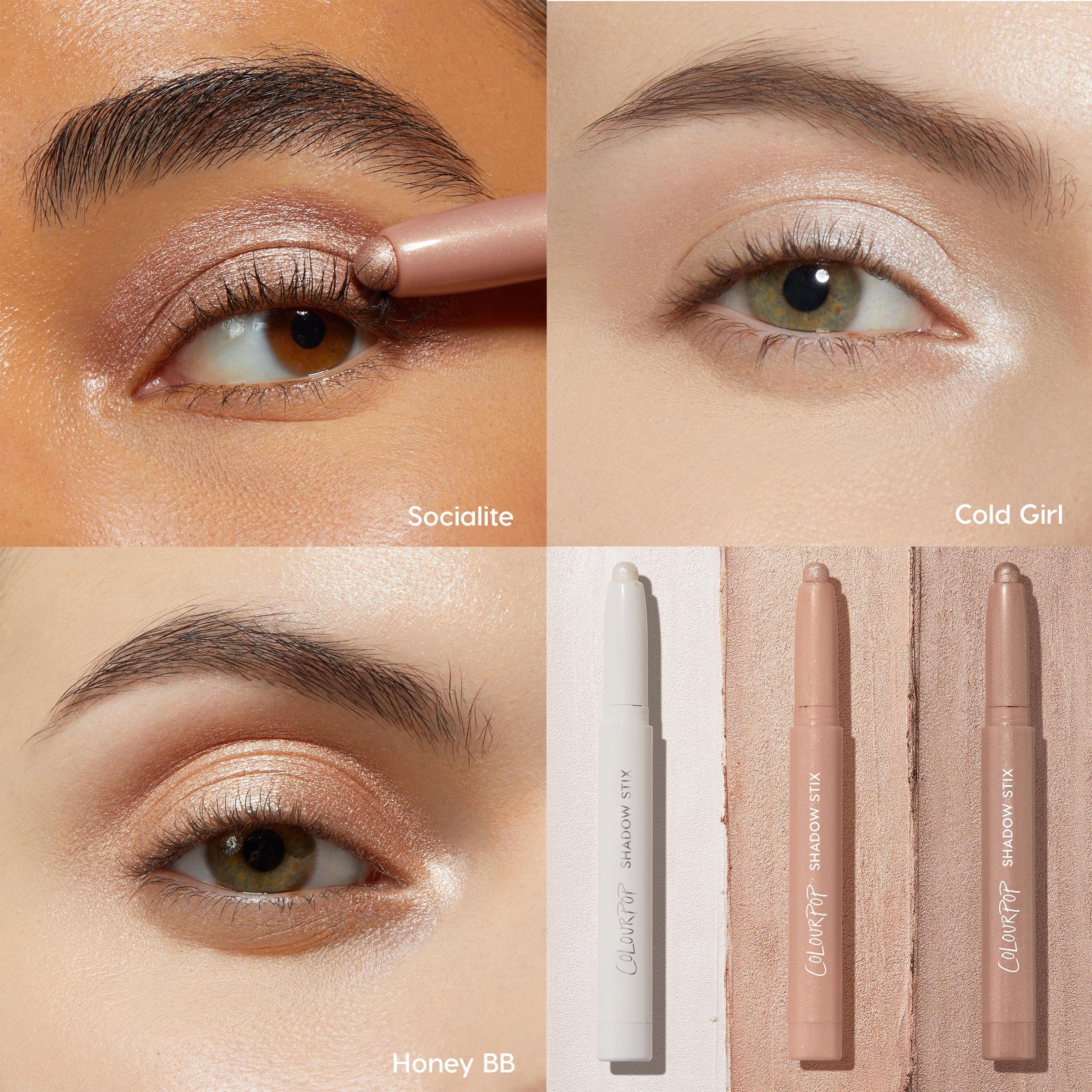 ColourPop Shadow Stix trio eye look shows day-to-night versatility.