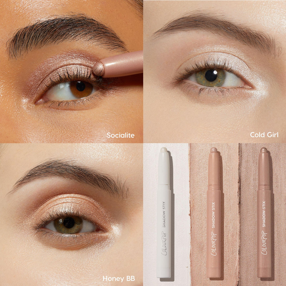 ColourPop Shadow Stix trio eye look shows day-to-night versatility.