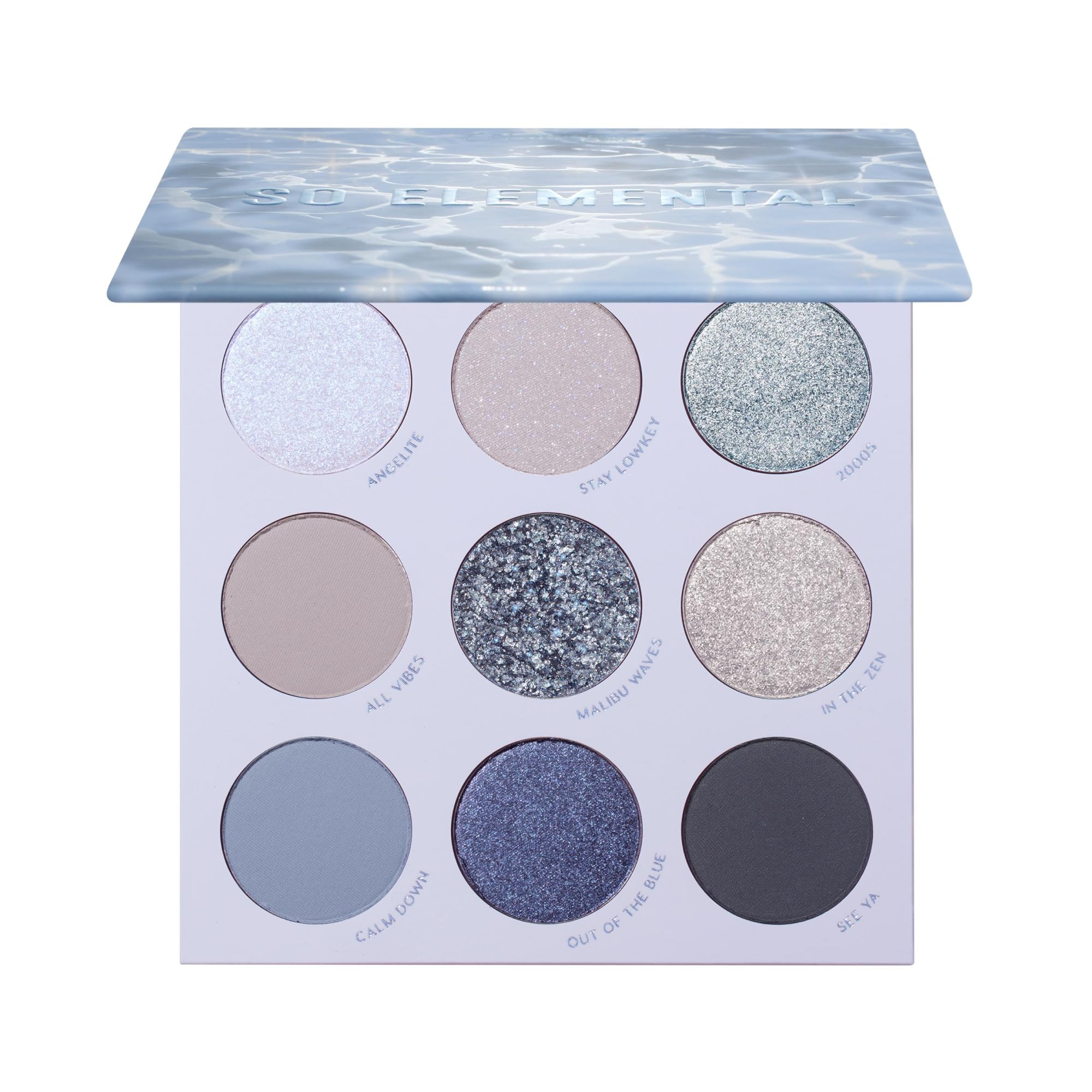 ColourPop So Elemental paleta azul plata para estilos fríos con acabado brillante.