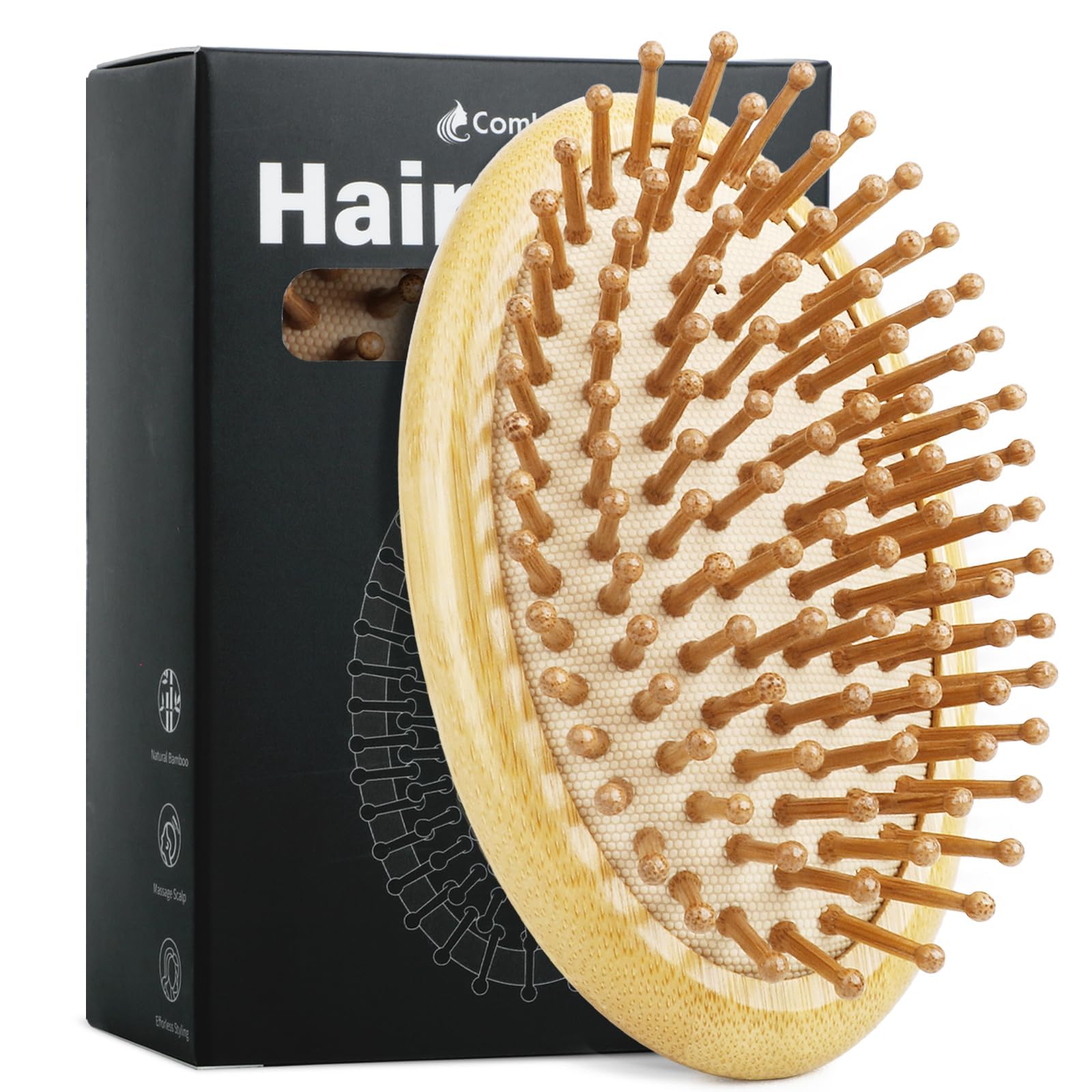 Combetter handleless bamboo hair brush showing ergonomic palm fit for easy styling