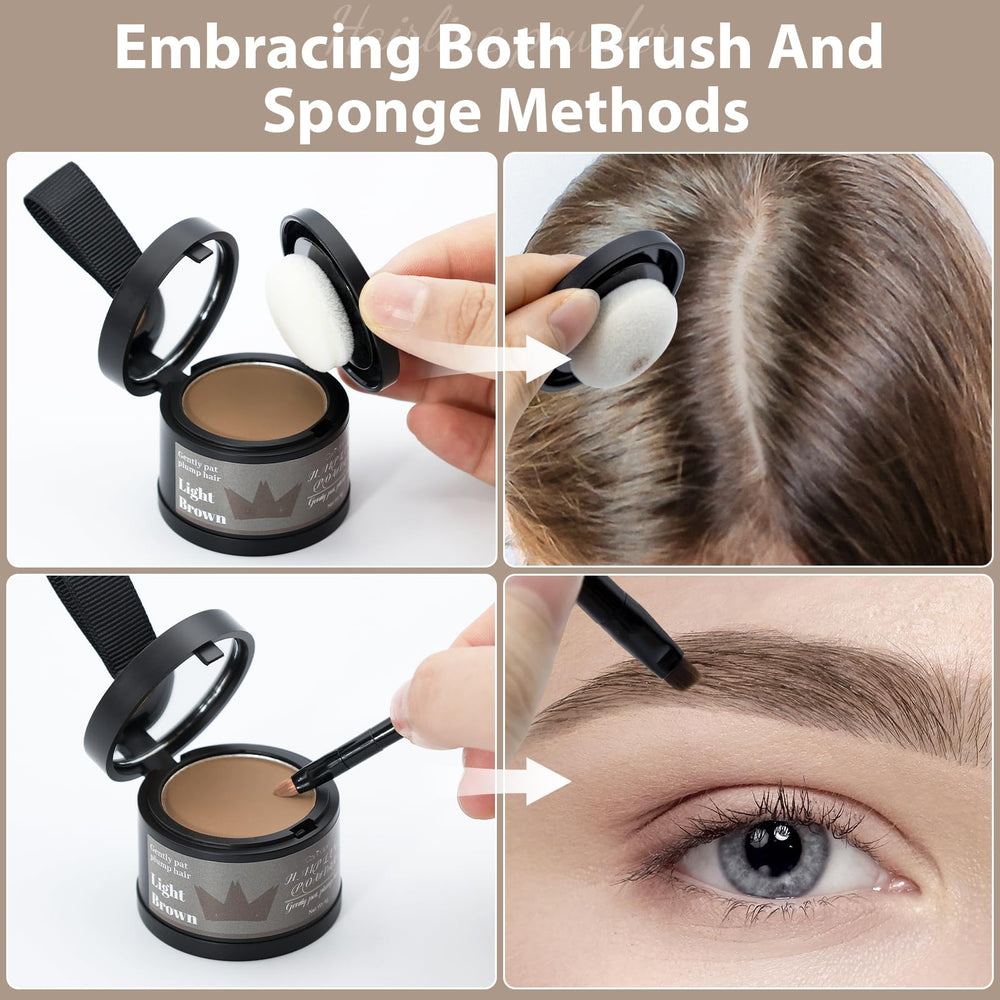 Comdian hairline powder bottle close-up shows shade and coverage options.