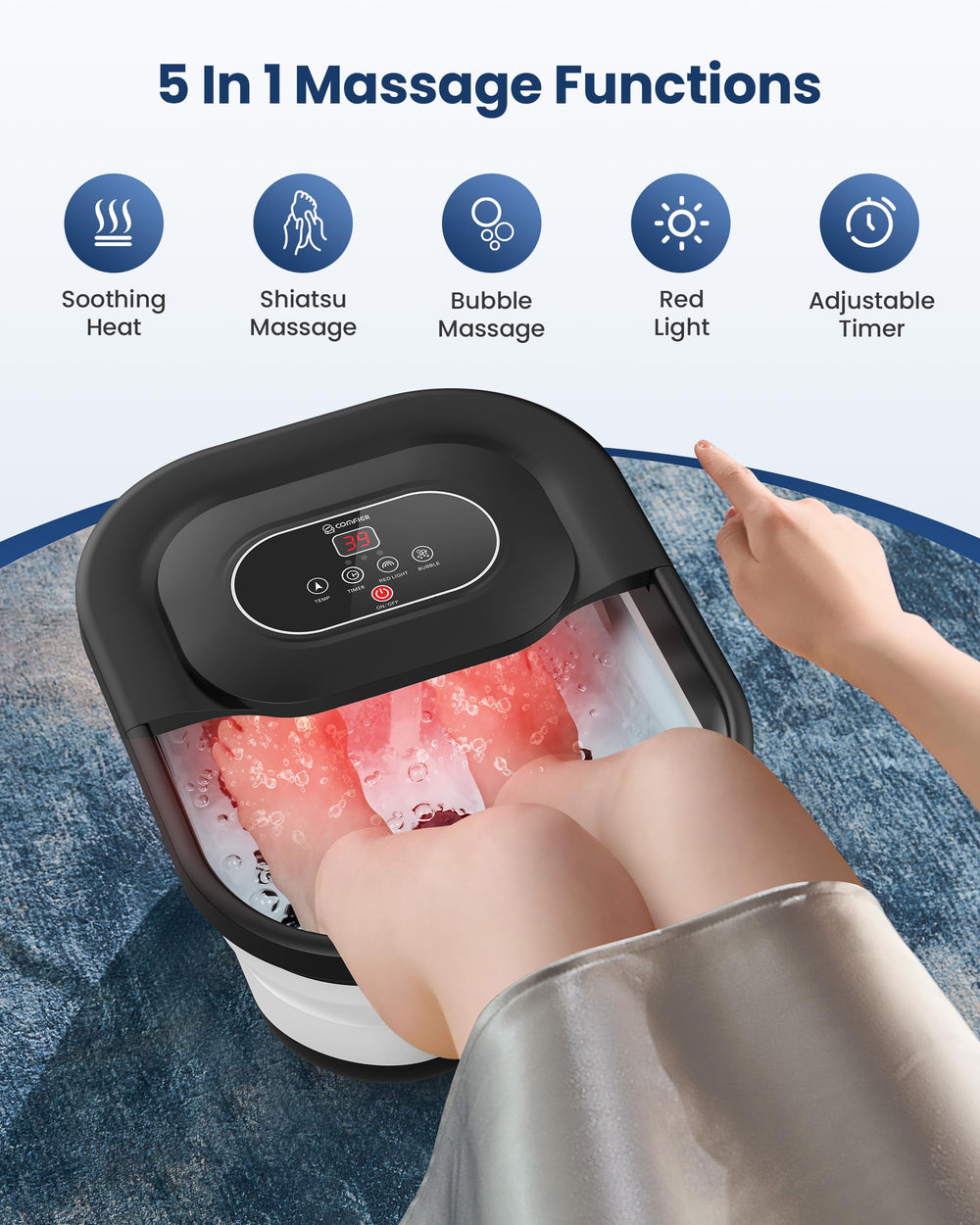 COMFIER foot spa temperature control with adjustable heat for comfort.